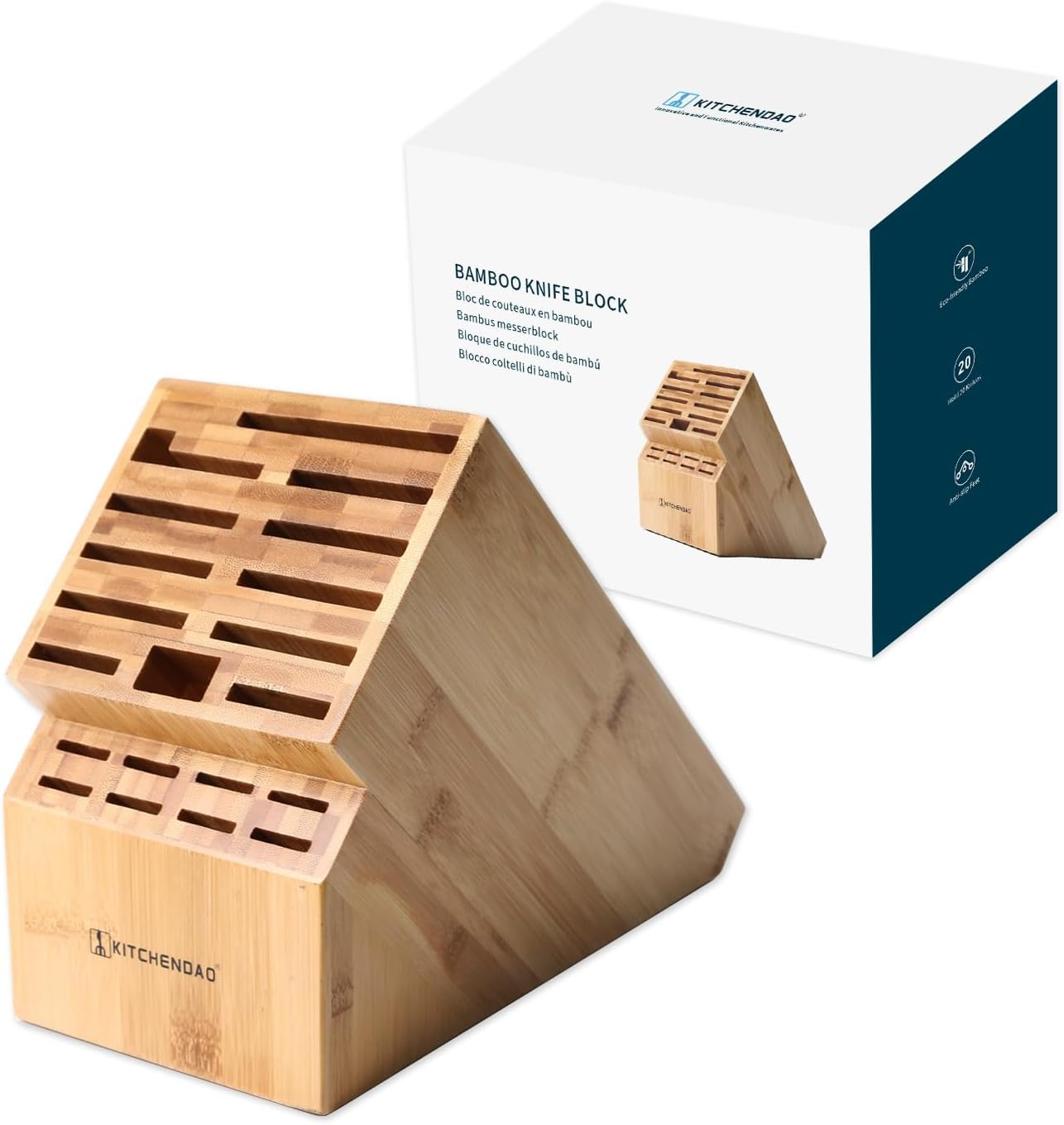 KITCHENDAO Deluxe 20 Slot Bamboo Knife Block without Knives, Countertop Butcher Block Kitchen Knife Stand, Hold Multiple Large Blade Knives, Wider Slots for Easier Storage image number 3