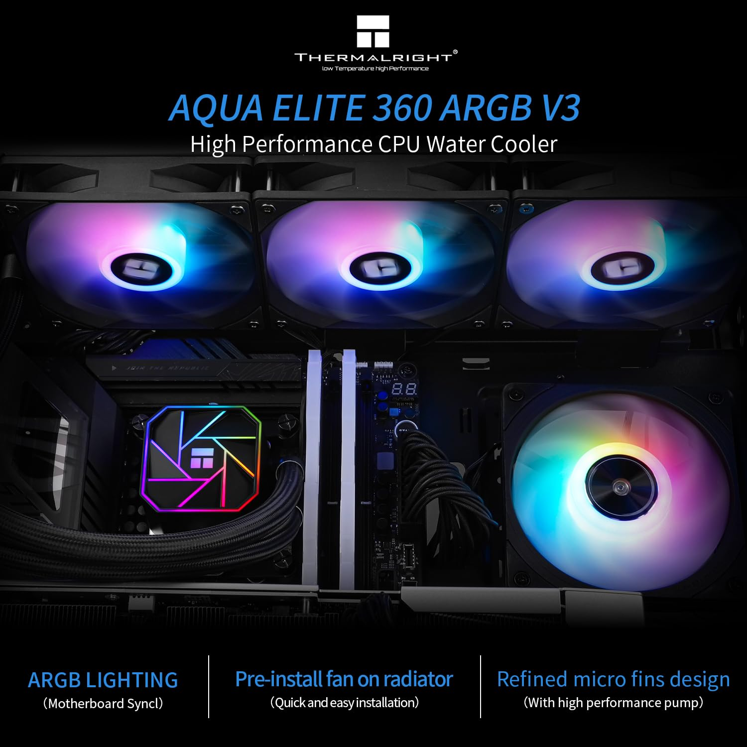 Thermalright Aqua Elite 360 V3 Liquid CPU Cooler, 360 Cooling Row Size, 3 X 120Mm PWM Fans, S-FDB Bearings,For AMD/AM4/AM5, Intel Lga1150/1151/1155/1156/1200/2011/1700,Desktop CPU Cooler AIO - Ae360 V3 image number 6