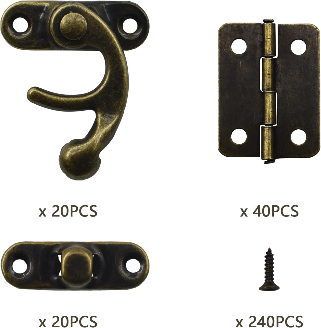40Pcs Small Antique Hinges and 20 Set Bronze Tone Right Latch Hook Hasp Wood Jewelry Box Hasp Catch Decoration with Replacement Screws image number 6