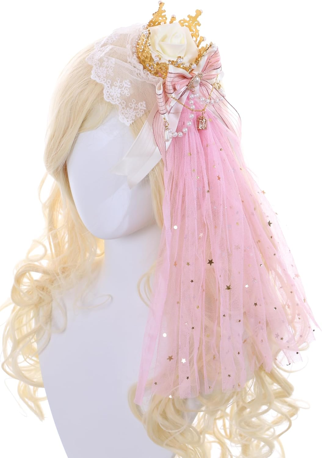 C-105-2 Pink Veil Gold Crown Rose Bow Lace Ruffle Gothic Lolita Party Celebration Hair Accessories Head Accessory image number 1