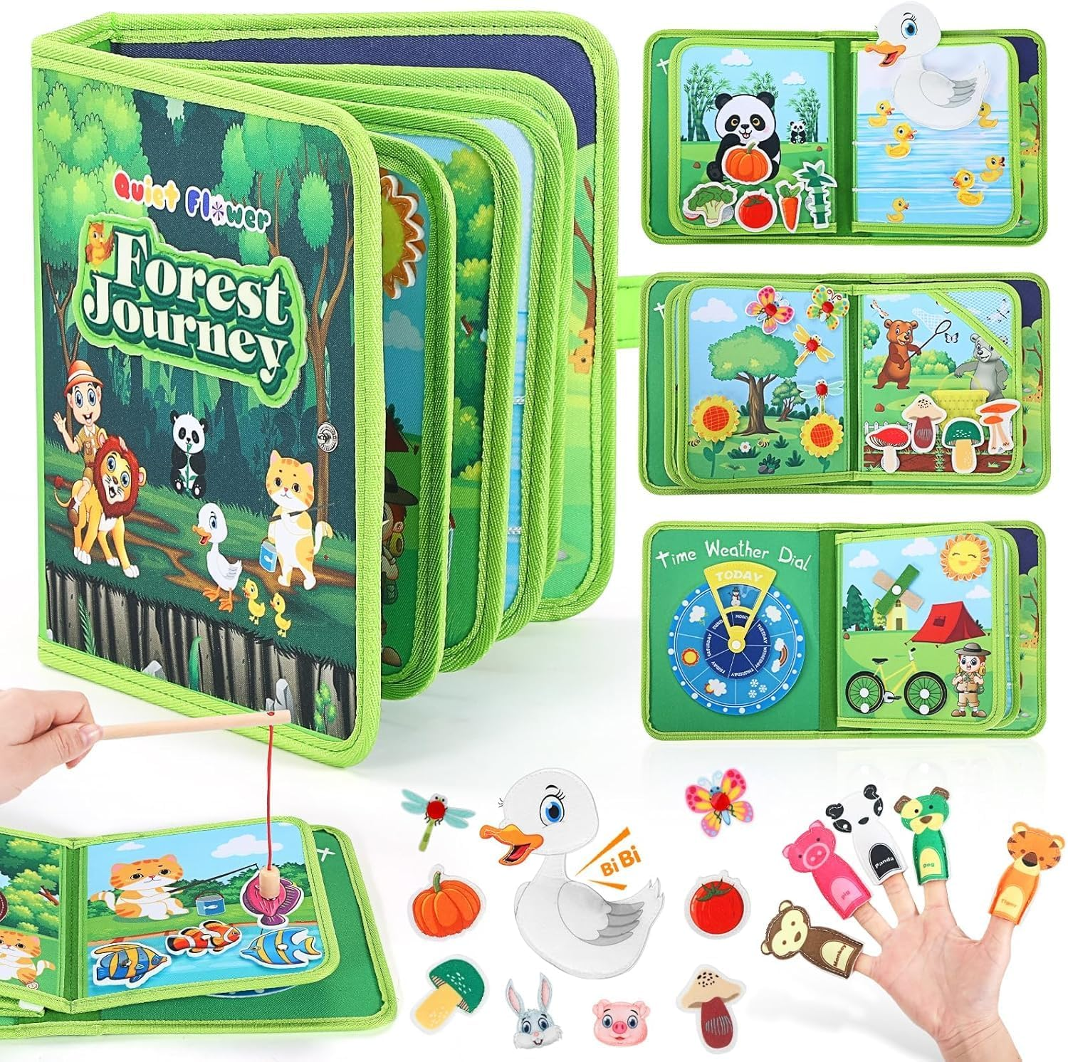 Uandhome Busy Book for Toddlers 1-3,Montessori Plane Toys Busy Board for 1 Year Old with Fishing Game Finger Puppet Motor Skill,Educational Learning Quiet Activity Sensory Book for Boy Girl Gift image number 5