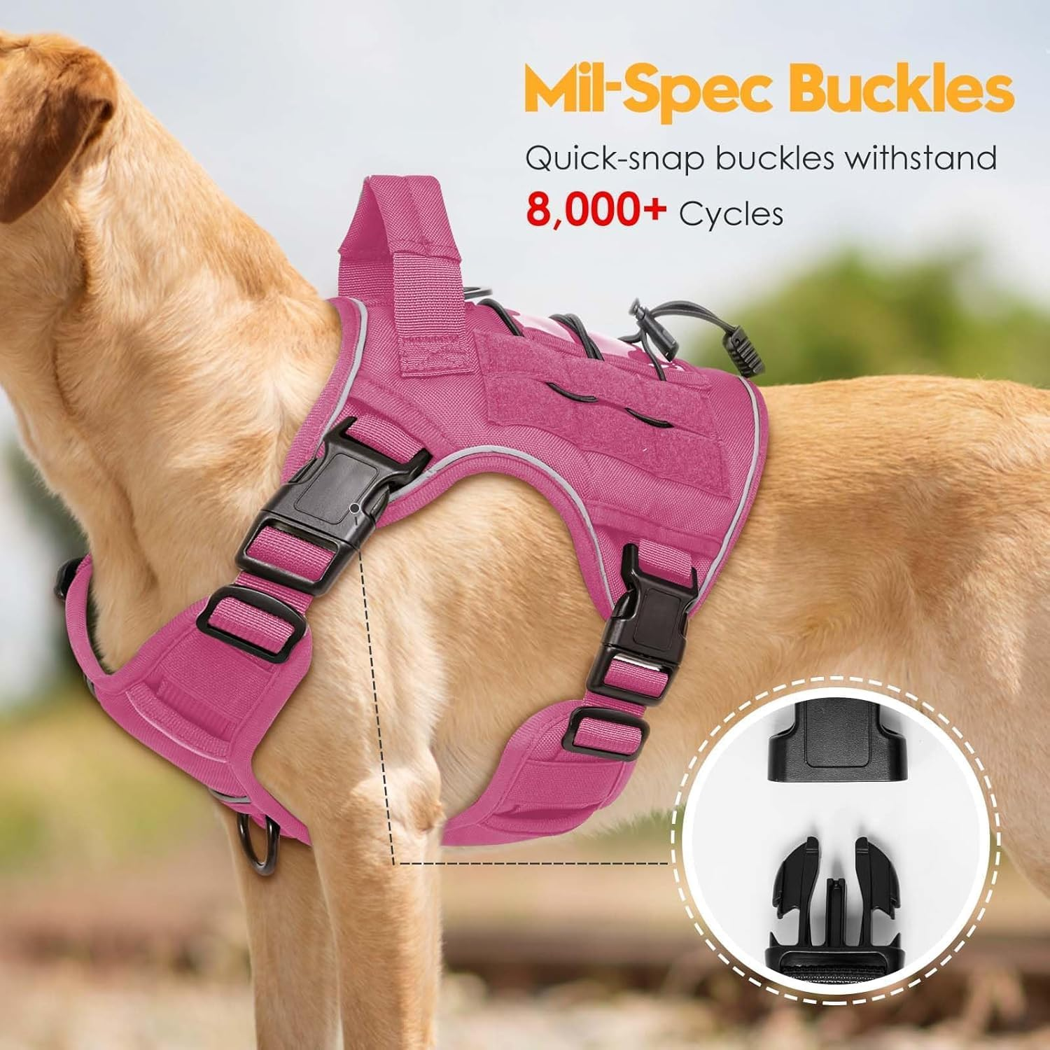 Heavy-Duty Tactical Dog Harness for Large Dogs, No Pull Adjustable Reflective Pet Vest with Molle System, K9 Military-Grade Control for Service Training, Outdoor (Pink, L)