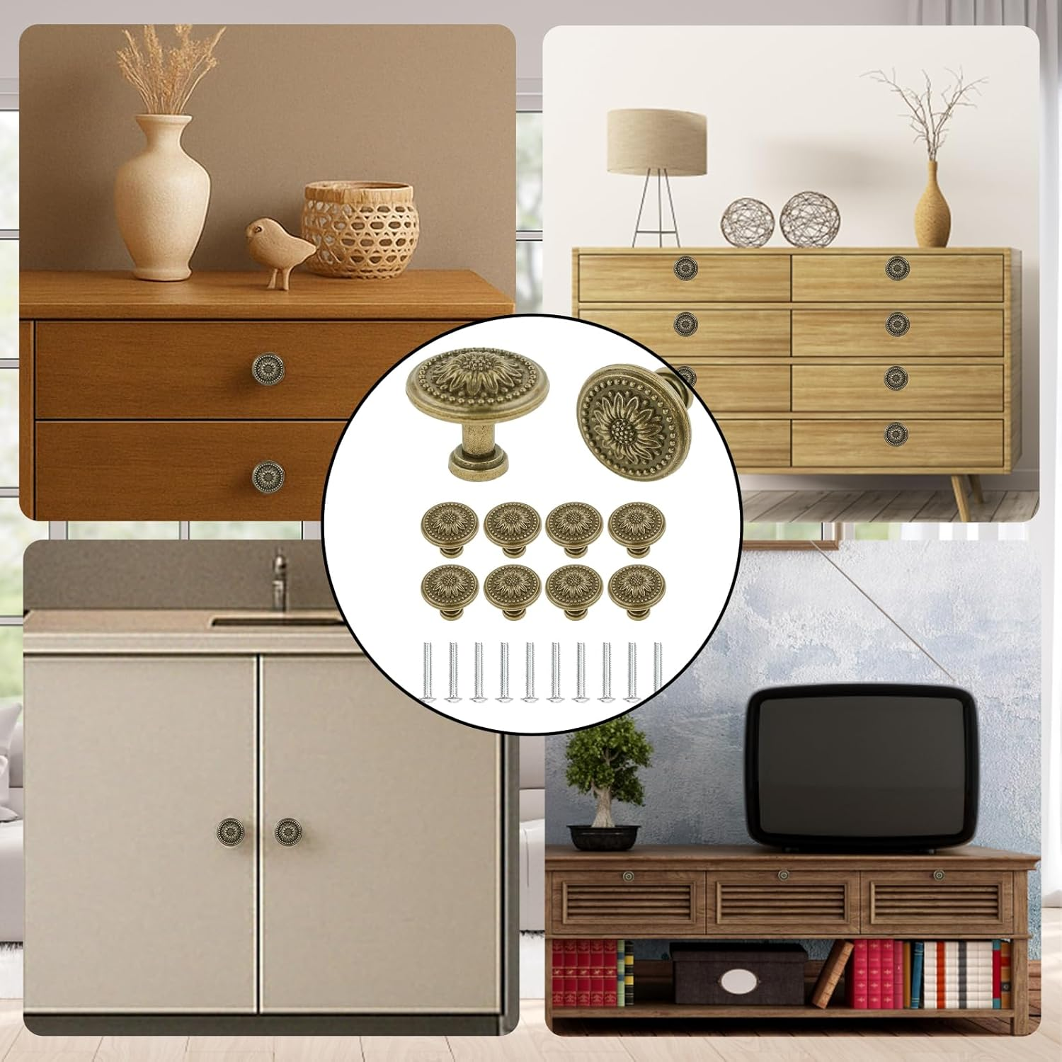 Zcrprn Drawer Knobs, 10 PCS Antique Brass Kitchen Cupboard Handles, Vintage Floral Pattern Drawer Handles, Cabinet Knobs for Chest of Drawers, Furniture Cabinets, Dressers, Wardrobe Doors image number 1