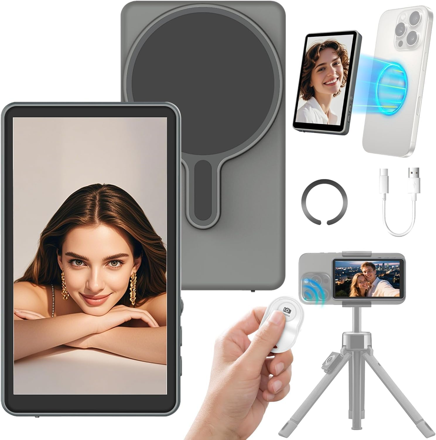 Vlog Selfie Monitor Screen for Phone, Magnetic Phone Vlog Selfie, Wireless Screen Mirroring for Magsafe, Back Camera Monitor for Live Stream Tiktok, Compatible with Iphone & Android -Gray