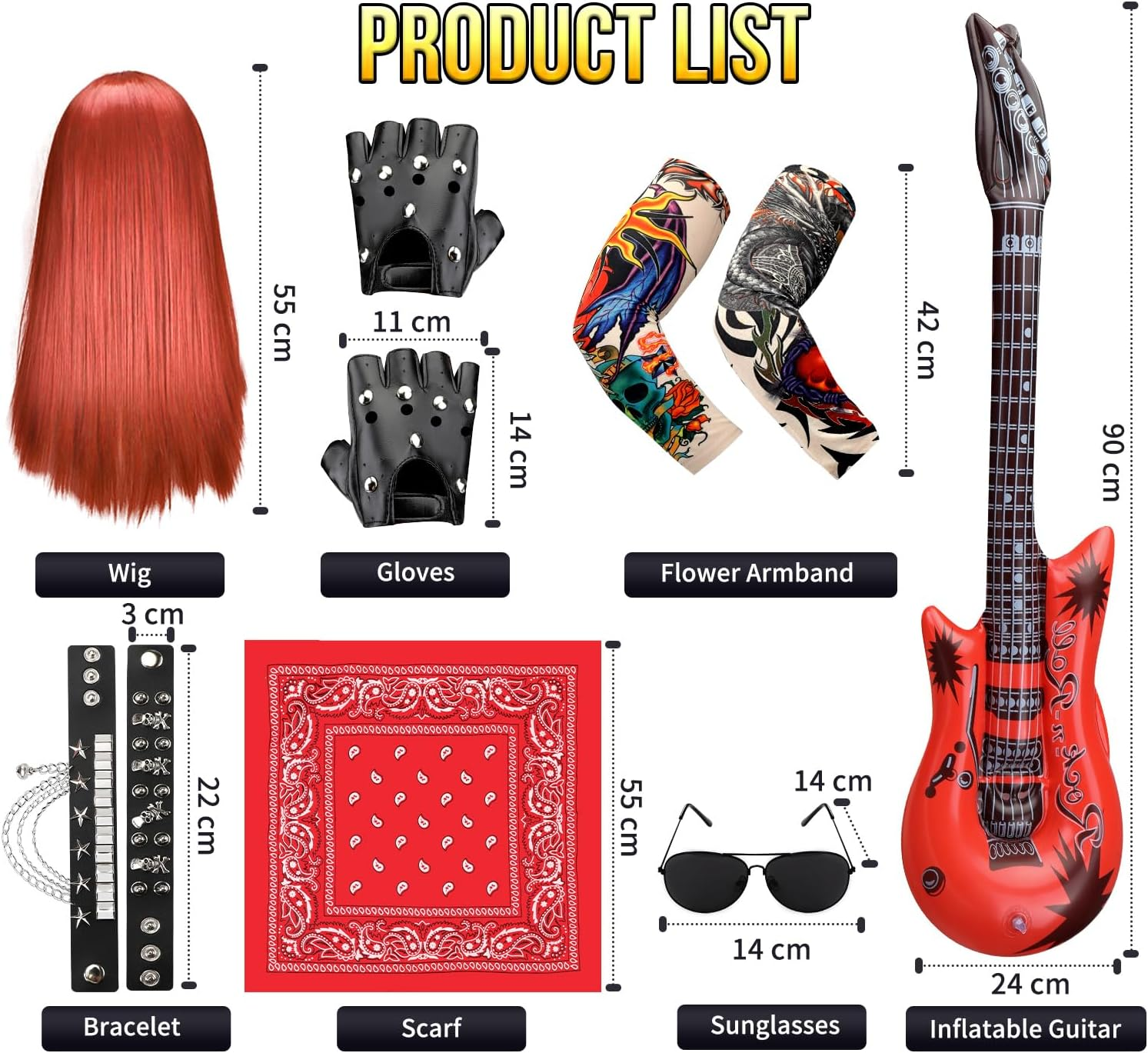 AUTOWT 1970S Rockstar Hippie Costume Accessories - 60S 70S 80S Metal Rock Band Punk Costume Set with Wig, Bandana, Sunglasses,Tattoo Sleeves, Gloves, Wrist Chains, Guitar, Men Women Woodstock Outfits image number 6