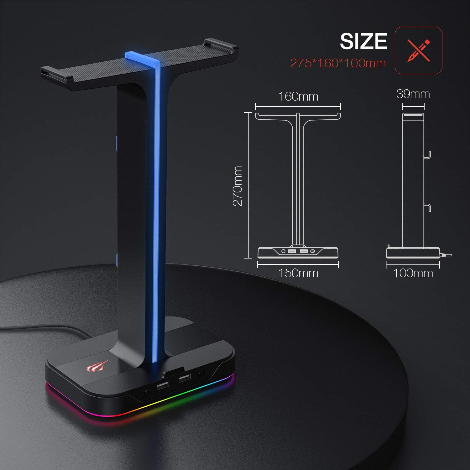 Havit RGB Gaming Headphone Stand Desk Dual Headset Hanger Base with Phone Holder & 2 USB Charger for Desktop PC Game Earphone Accessories image number 6