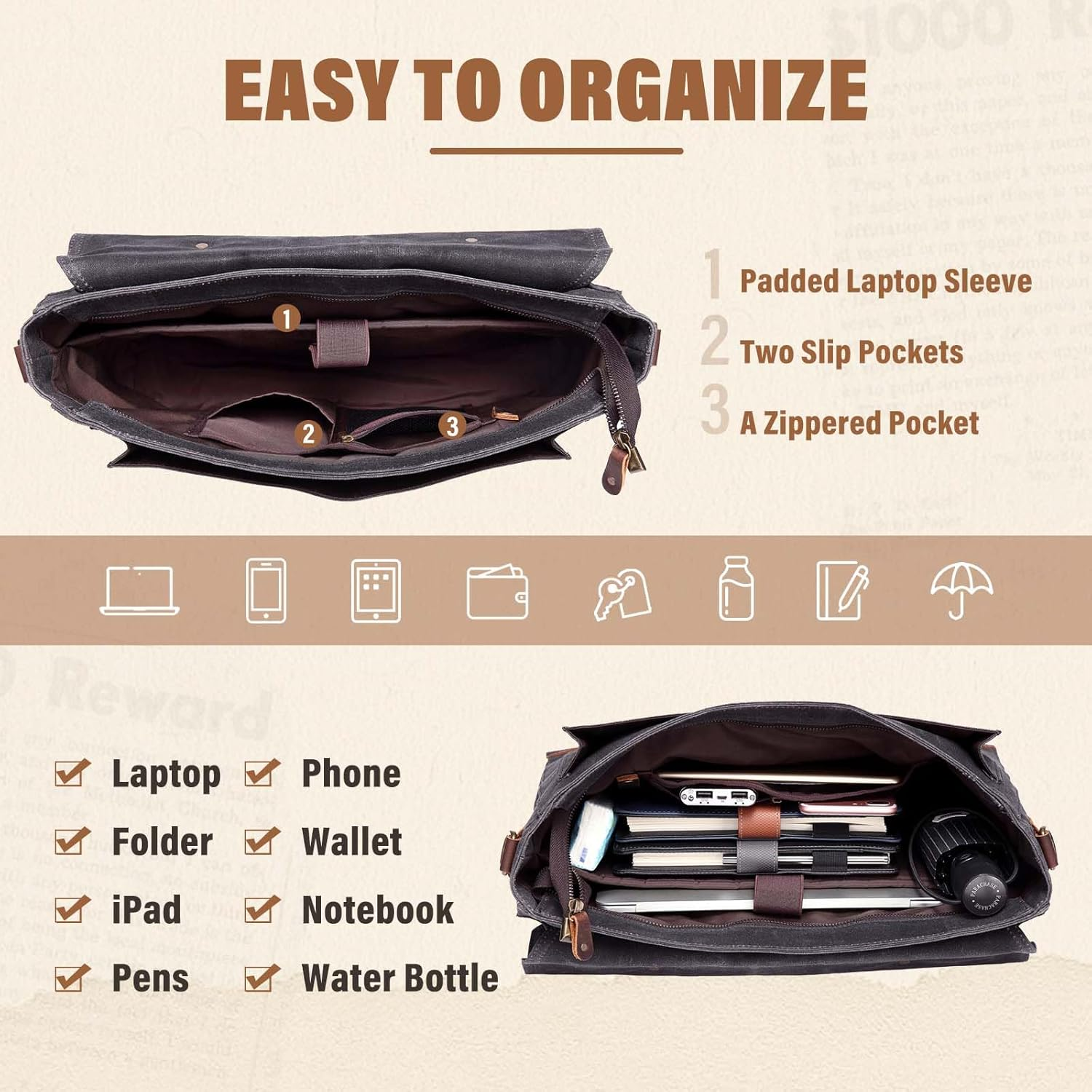 Vaschy Waxed Canvas Leather Messenger Bag for Men Vintage Laptop Bag Satchel Business Briefcase Shoulder Bag for Wrok, Travel Ftis 15.6In Laptop Gray image number 2