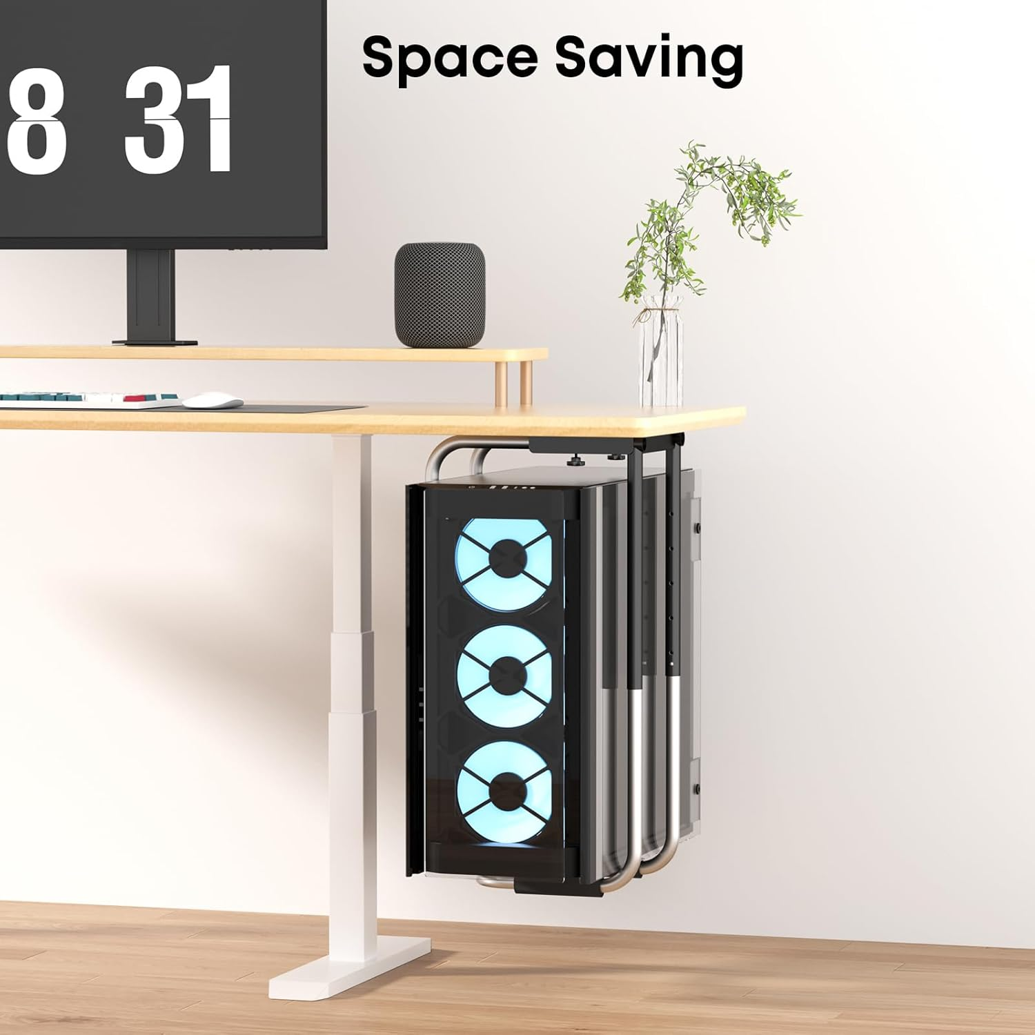 Heavy Duty Adjustable Under-Desk PC Mount Fits Most Computer Cases, Computer Case Holder with Protective Padding, Good Air Circulation, Supports up to 30 Kg, Black