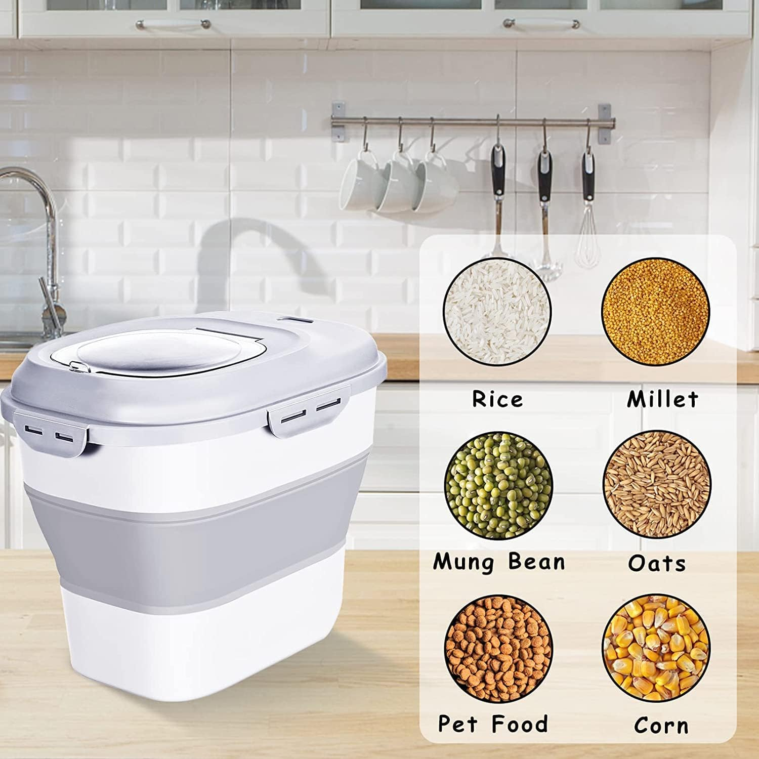 TOMVAES White Collapsible Dog Food Storage Container with Lids Locking Bowl Plastic Airtight Large Flour Sugar Kitchen Rice Leakproof Pantry Collapsible 23 Qt/30 Pound Lb/25L image number 2