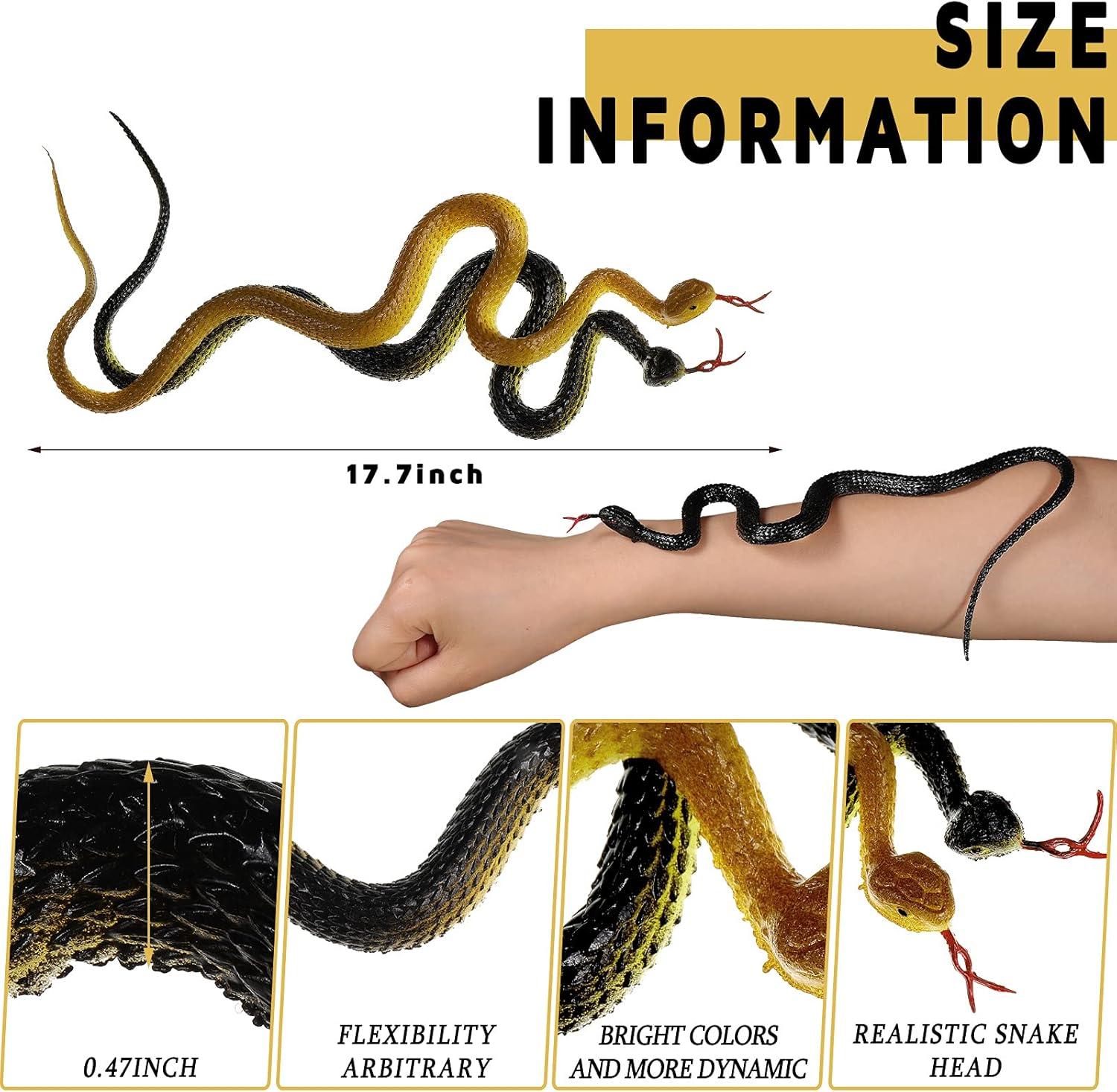 Skylety 15 Pieces Rubber Snakes Realistic Snake 17. 7 Inch Fake Plastic Snake Props for Garden Props to Keep Birds Away, Pranks, Halloween Decoration(Yellow, Black) image number 2
