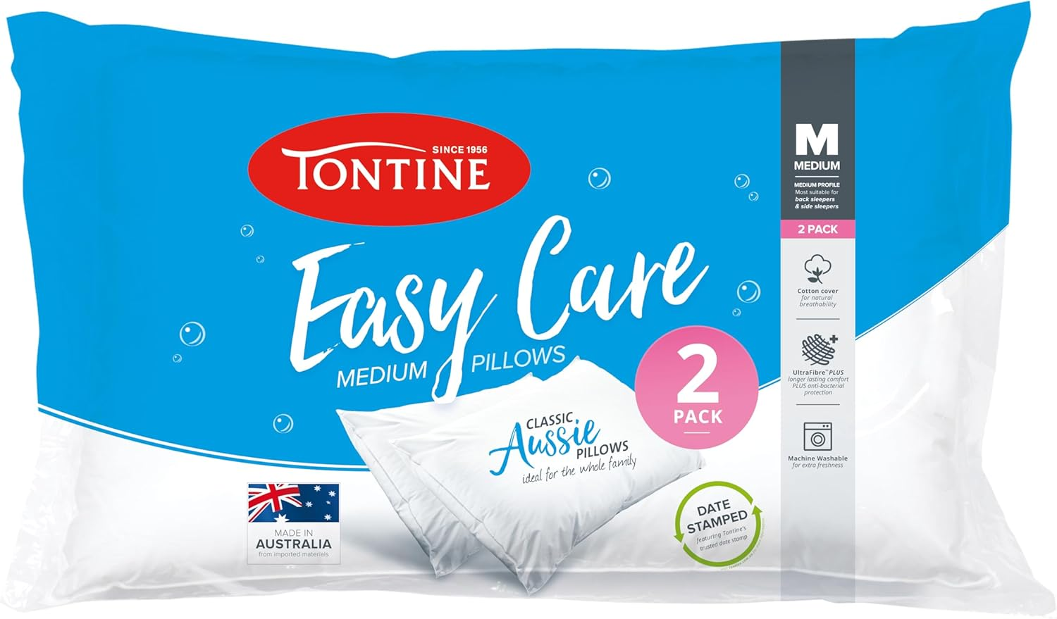 Tontine Easy Care Medium 2 Pack Pillow, Medium Height & Support, anti Bacterial Protection, Natural Cotton Cover, Machine Washable, Australian Made Pillow image number 4