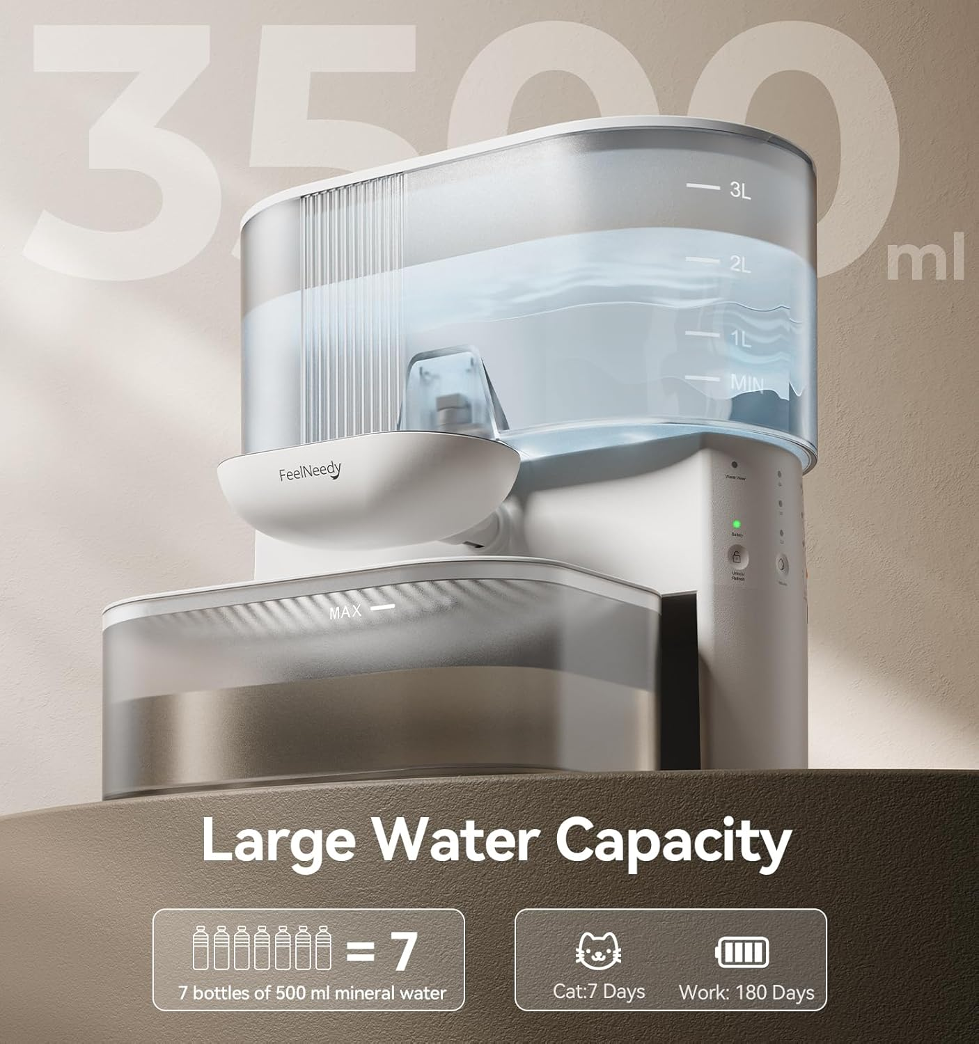 Wireless Cat Water Fountain No Filters, Wastewater Separation, FEELNEEDY Stainless Steel Bowl, 3.5L Pet Water Fountain for Cats & Dogs Dispenser, White image number 6