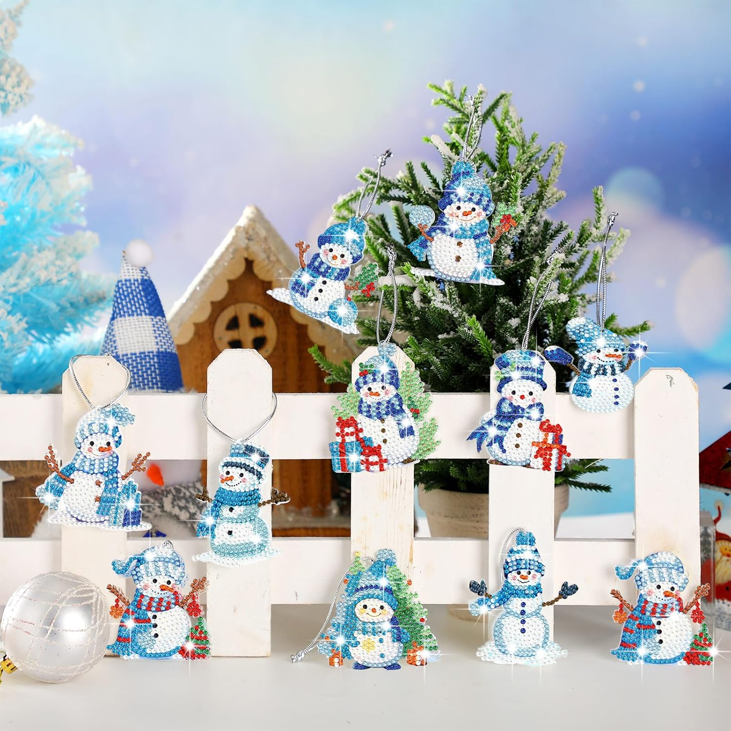 Skylety 20 Pcs Winter Diamond Art Ornaments Snowman Diamond Painting Kit for Adult 5D DIY Gift Wrap Tags with Rope Winter Hanging Ornaments for Home Party Craft Decor(Blue)
