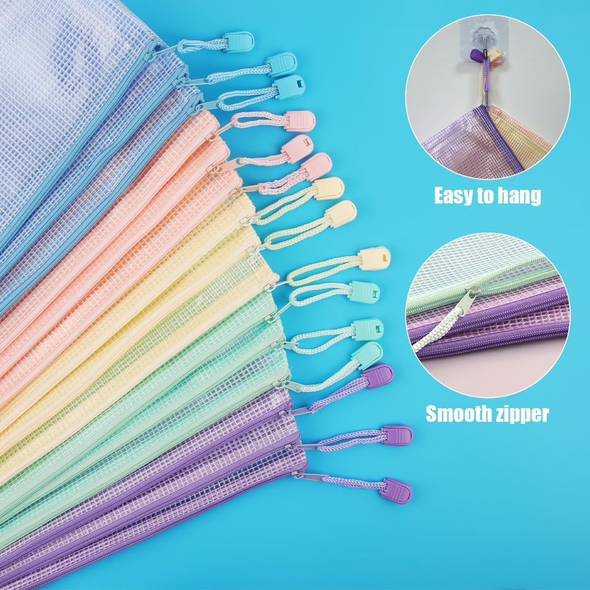 OSYLICT 15Pcs Mesh Zipper Pouch Bags,A4 A5 A6 Plastic Zip File Wallet Folders,Waterproof Clear Travel Document Storage Bag,5 Colors, Multipurpose for School Office Home Supplies image number 3
