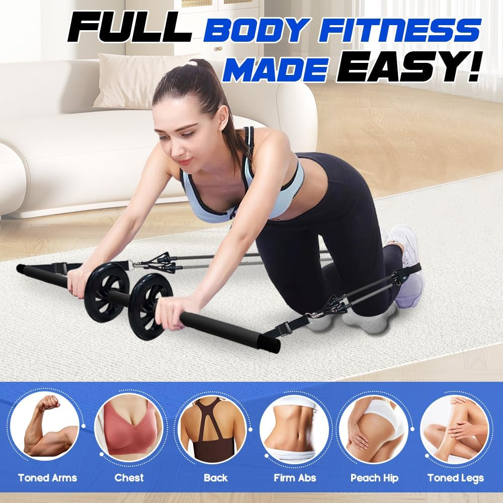 Pilates Bar Kit with 180LBS Resistance Bands(20,30,40 LB),21PCS Pilates Equipment Exercise Bar with Ab Roller, Portable Home Gym Fitness Pilates Bar for Women & Men - Black image number 6