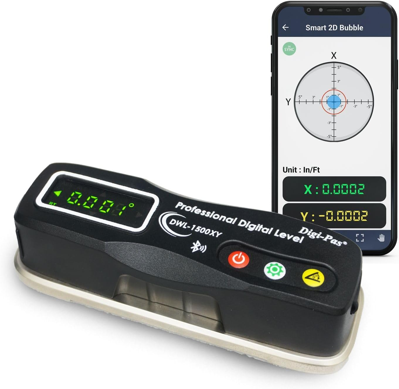 Digi-Pas 2-Axis Smart Master Precision Level DWL1500XY Bluetooth, 0.0002"/Ft (0.02 Mm/M), Black image number 3
