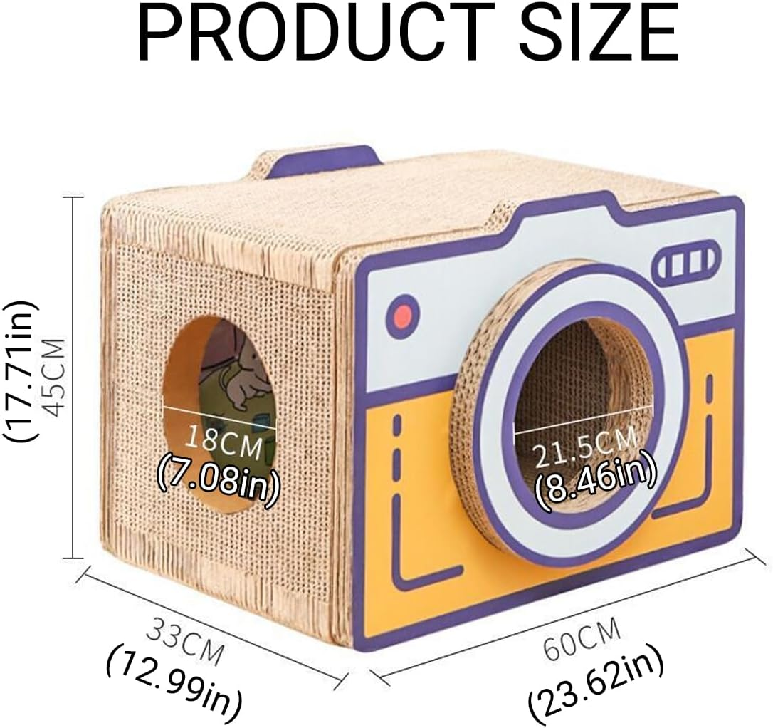 AIMALL Corrugated Cat Scratch Board Retro Camera Style Vertical Cat Nest House Durable Yellow Cardboard Cat Toy Furniture for Indoor Pets image number 5