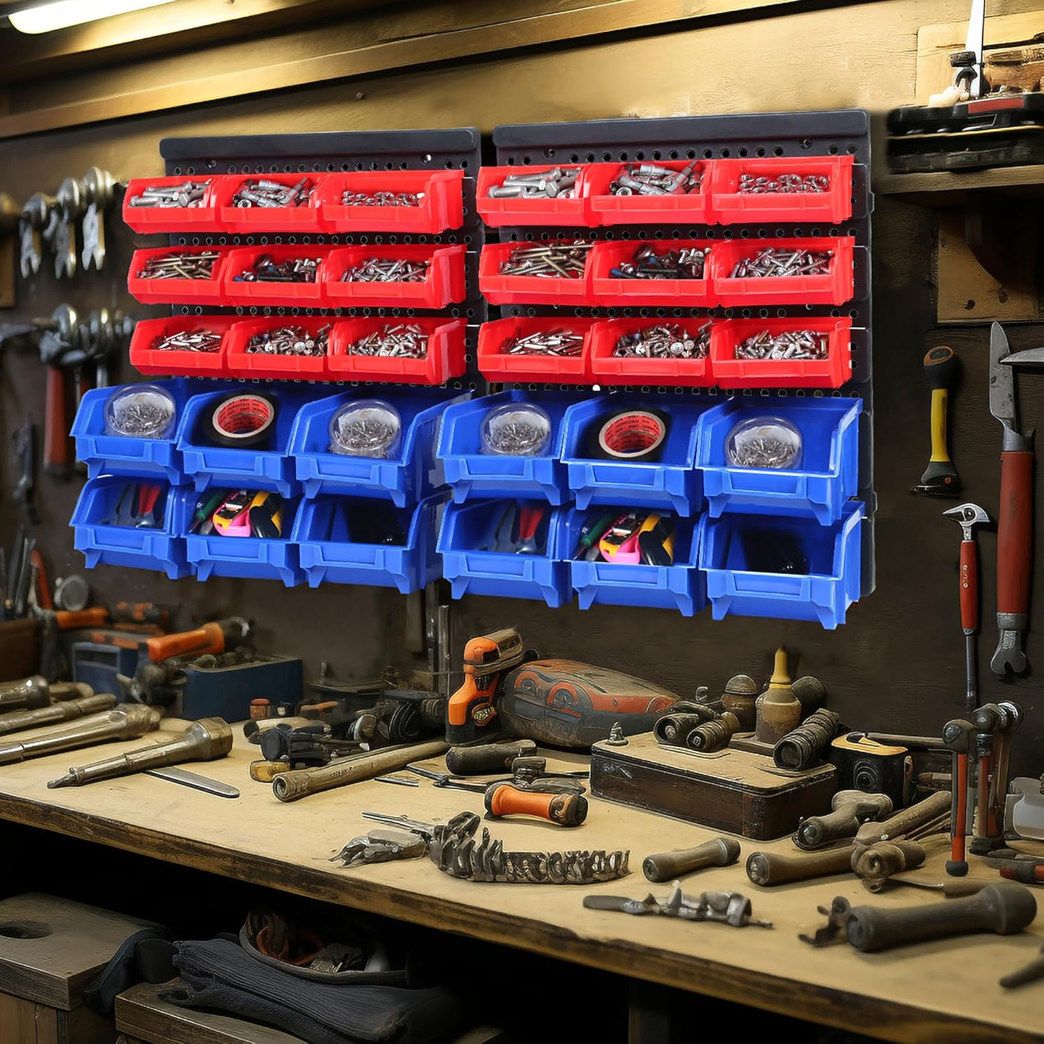 Maxworks 80694 30-Bin Wall Mount Parts Rack/Storage for Your Nuts, Bolts, Screws, Nails, Beads, Buttons, Other Small Parts,Blue and Red image number 2