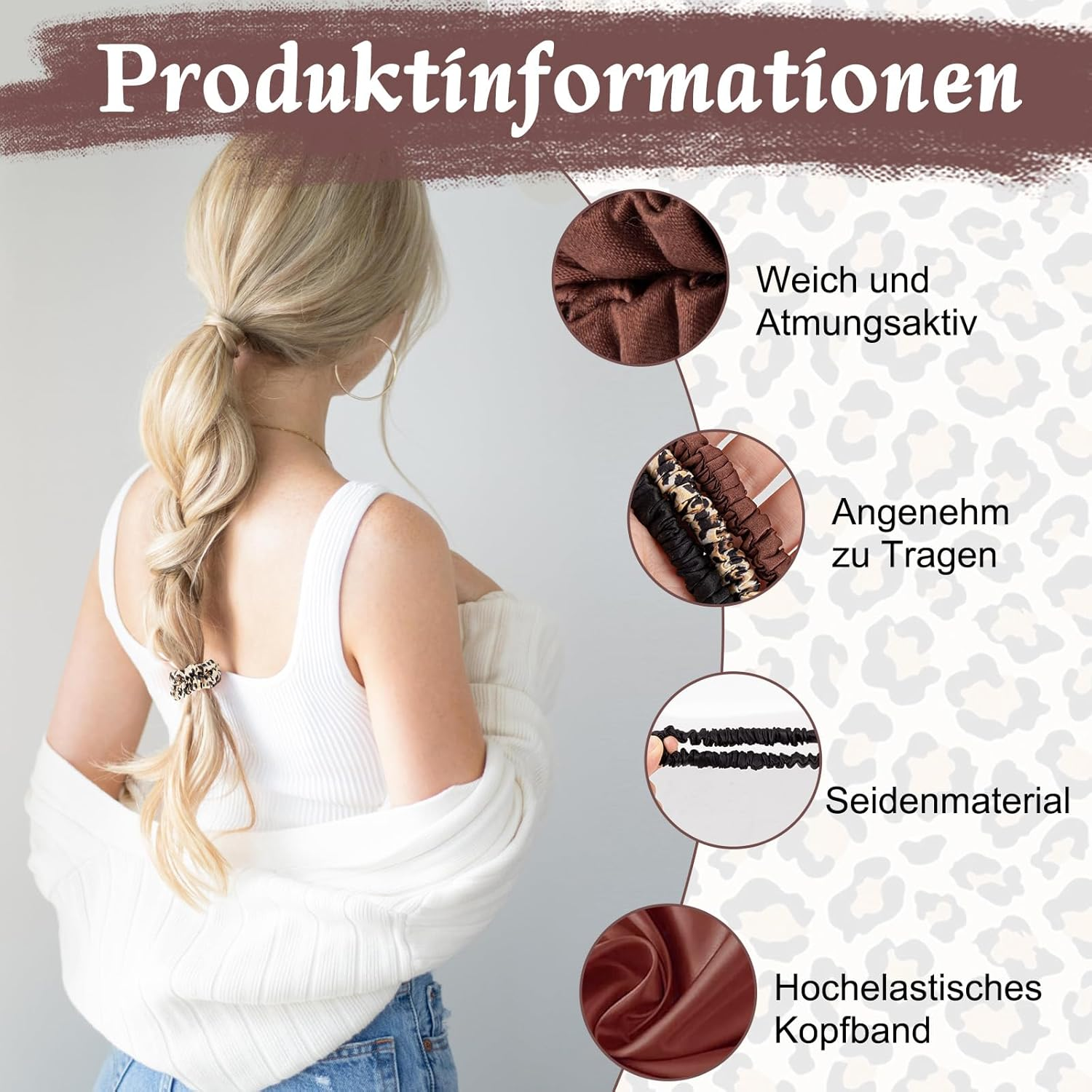 Pack of 3 Silk Scrunchies in Leopard Print, Black & Coffee, Elegant Hair Bobbles for Women & Silk Hair Scrunchie, Stylish Hair Accessories for Daily Hairstyles and Special Occasions image number 6