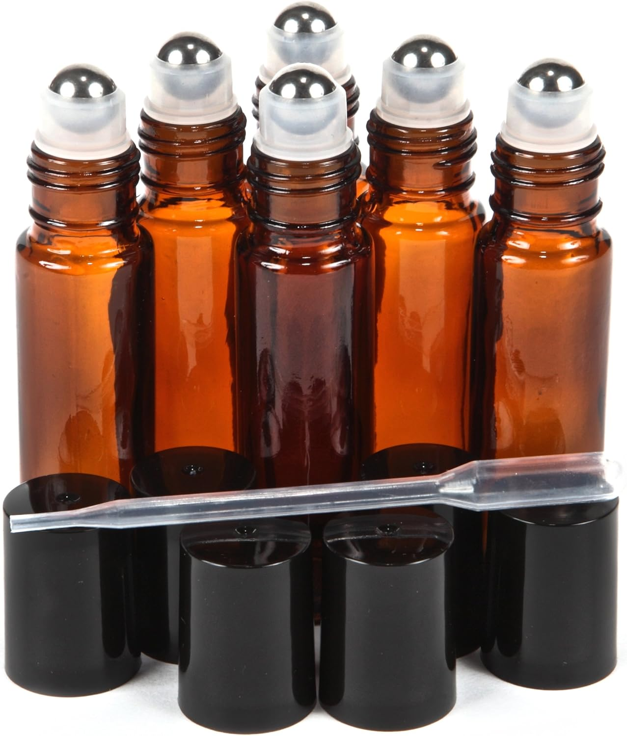 Vivaplex, 6, Amber, 10 Ml Glass Roll-On Bottles with Stainless Steel Roller Balls - .5 Ml Dropper Included