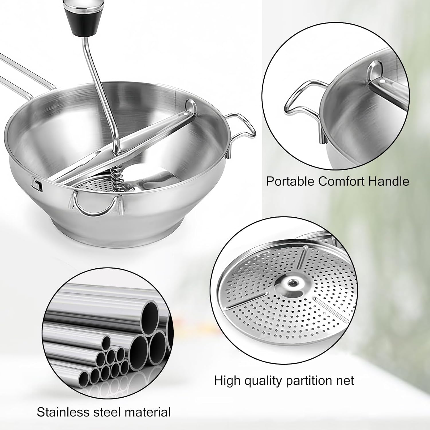 Food Mill Made of Stainless Steel with 3 Sieve Inserts, Jam Mill, Stainless Steel Vegetable Mills, Large Food Mill for Pressing Fruit, Vegetables, Tomatoes, Mashed Potatoes, Baby Food image number 3