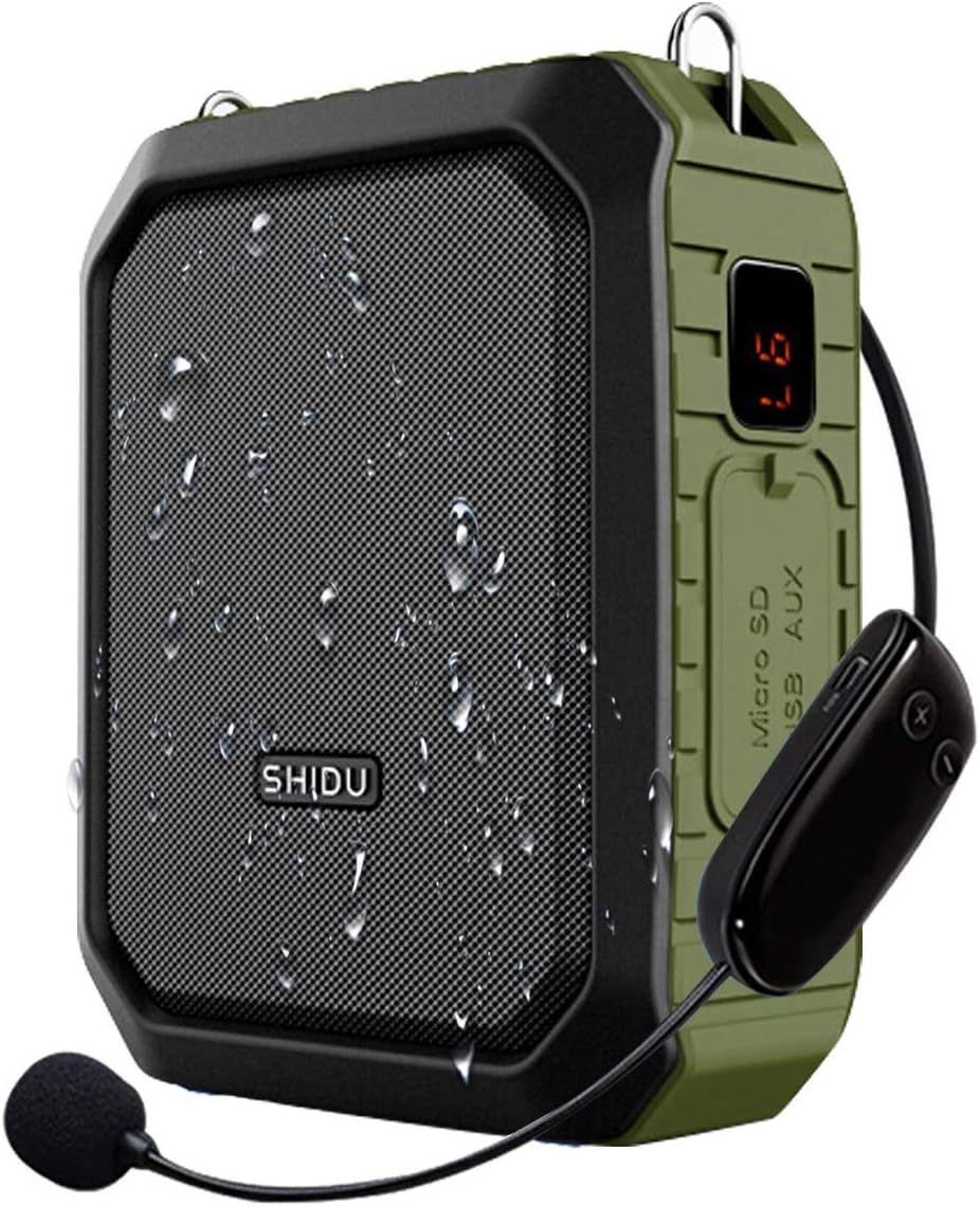 SHIDU Wireless Voice Amplifier Bluetooth Speaker 18W Waterproof Portable PA System with UHF Wireless Mic Headset Rechargeable Voice Enhancer Personal Microphone for Classroom Outdoors Tour Guide
