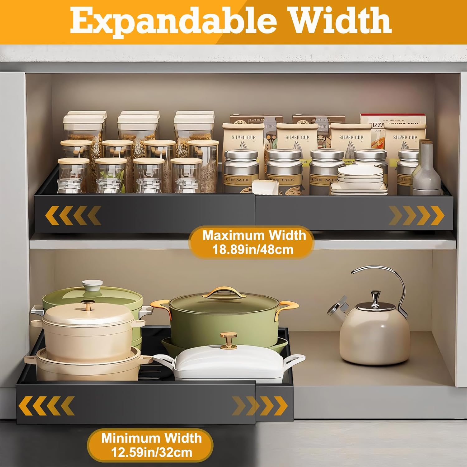 2 Pack Pull Out Cabinet Organizer, Expandable (12.6-18.9In) Pull Out Drawers for Cabinets with Adhesive Slide Out Drawers for Kitchen Pantry Bathroom Home Storage, Black image number 2