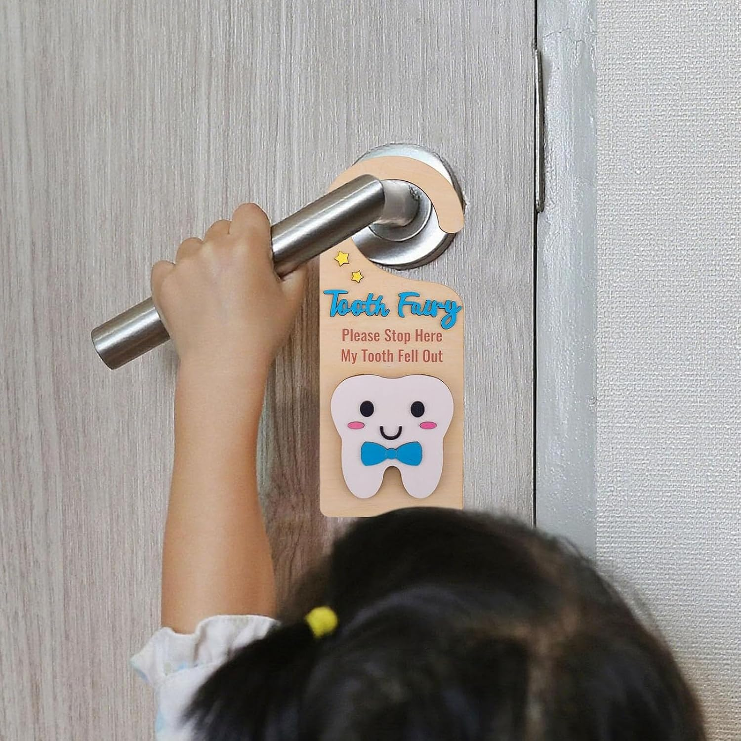 Tooth Fairy Door Hanger 3D Wooden Teeth Fairy Coin Holder, Magical Keepsake Box for Kids Room Decoration, Creative Gift Encourages Tooth Fairy Tradition (Blue) image number 4