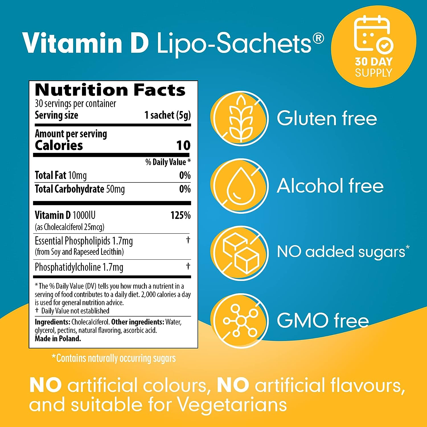 Lipo-Sachets Liposomal Vitamin D3-1000IU per Serving for Immune System Support - High Absorption Vitamin D - GMO Free, No Added Sugar - 30 Liposomal Liquid Vitamin D Packets image number 5