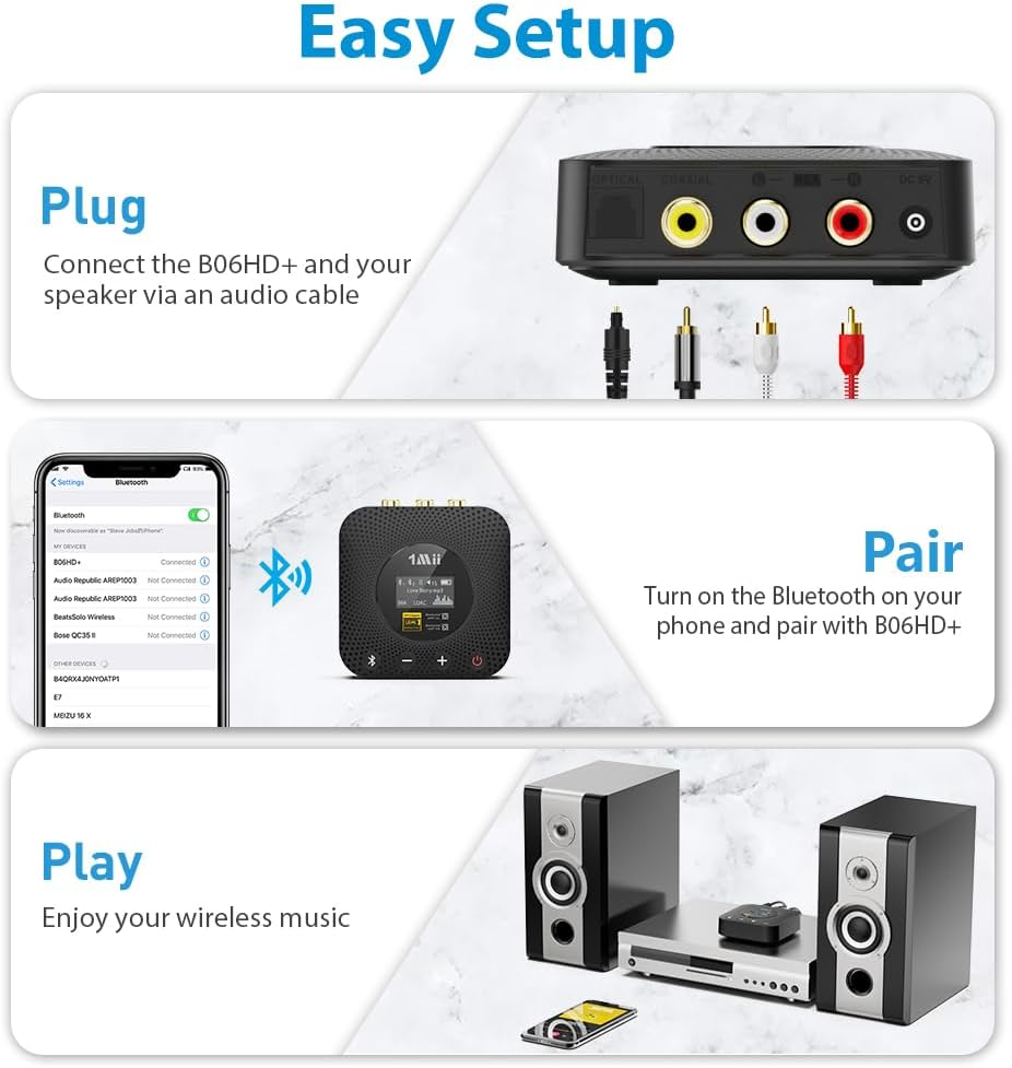 1Mii B06HD+ Bluetooth Receiver, Hifi Bluetooth 5.0 Audio Adapter W/Audiophile DAC, LDAC, Aptx HD & Low Latency, Volume Control & OLED Display for Home Stereo AV Receiver/Stereo Amplifier image number 6