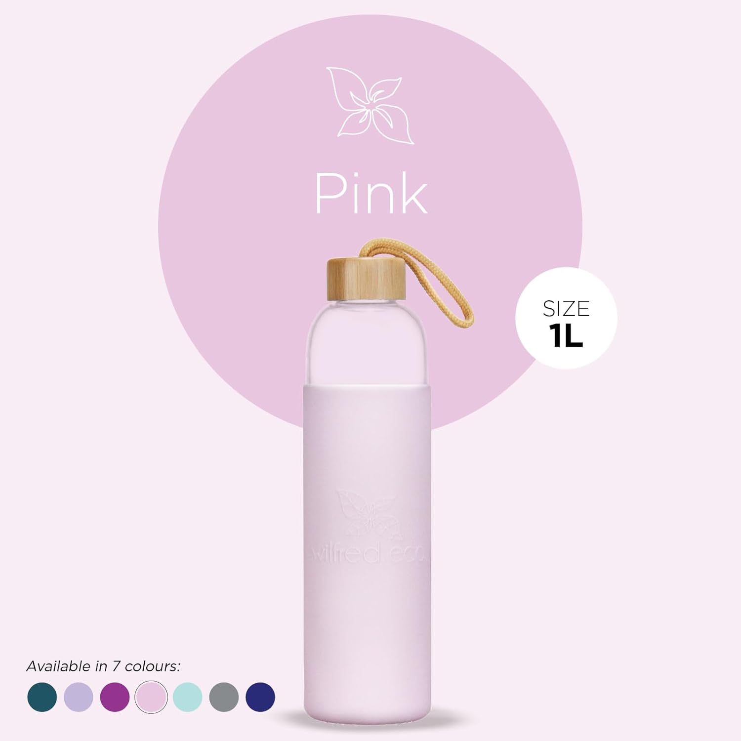 Wilfred Eco 1 Litre Glass Water Bottle | Large 1L Capacity | Protective Silicone Sleeve | BPA Free, Eco-Friendly & Leak-Proof | Dishwasher Safe | (Colour - Pastel Pink) - Bold Grey image number 2