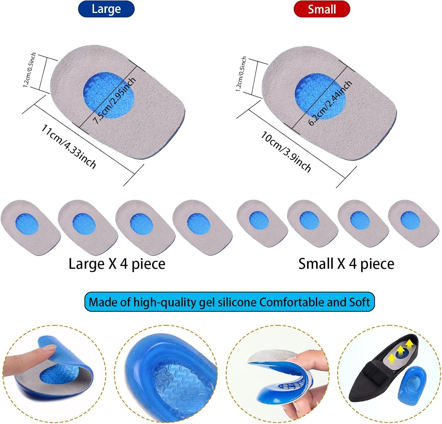 4 Pairs of Gel Heel Cups Plantar Fasciitis Inserts Heel Pads Insoles for Heel Spurs, Gel Heel Cushions for Heel Pain Relief Silicone Gel for Achilles Pain Relief, Fascia Support Casual Insoles image number 1