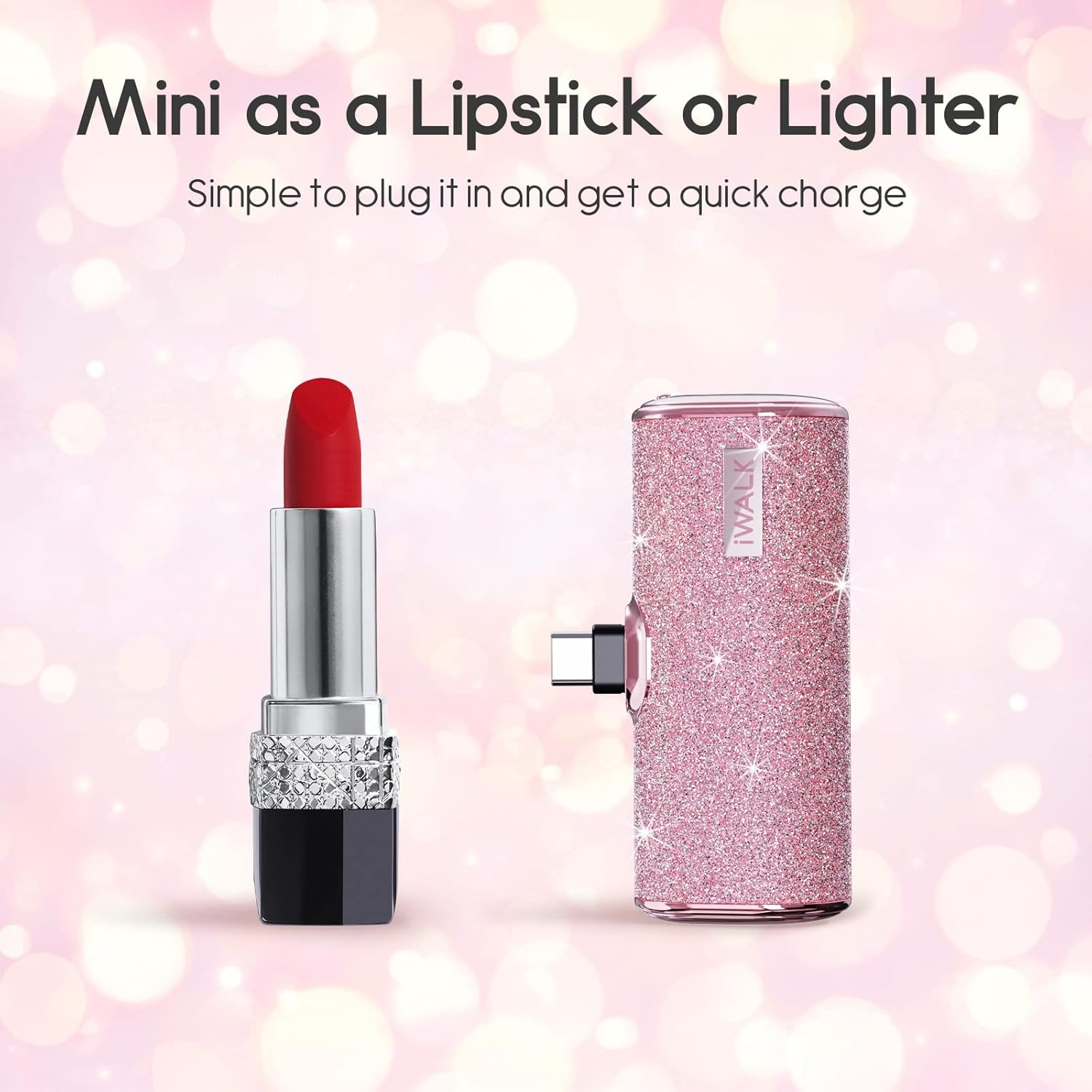 Iwalk USB C Portable Charger, 4500Mah Ultra-Compact Small Power Bank, Sparkly Battery Pack Compatible with Iphone 16/15, 16 Plus, 16 Pro, 16 Pro Max, Samsung Galaxy S25, S24, S23 Ultra Z Flip5, Pink