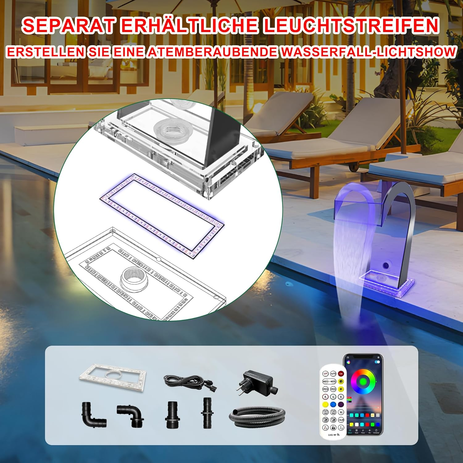 Waterfall Spillway Acrylic Pool Fountain Curved with Accessories, Pond Waterfalls S-Shaped Outdoor Water Spillway Fountains Kit for Garden Patio Swimming Pool Decoration-42Cm Height