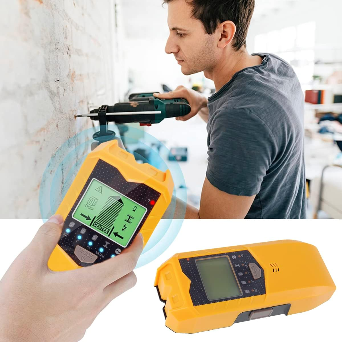 Stud Finder Sensor 5 in 1 Battery Operated SH402 Wall Scanner Detector Portable Electronic Detector with LED Display and Audio Alarm Handheld Stud Detector(Yellow) - Silver image number 2