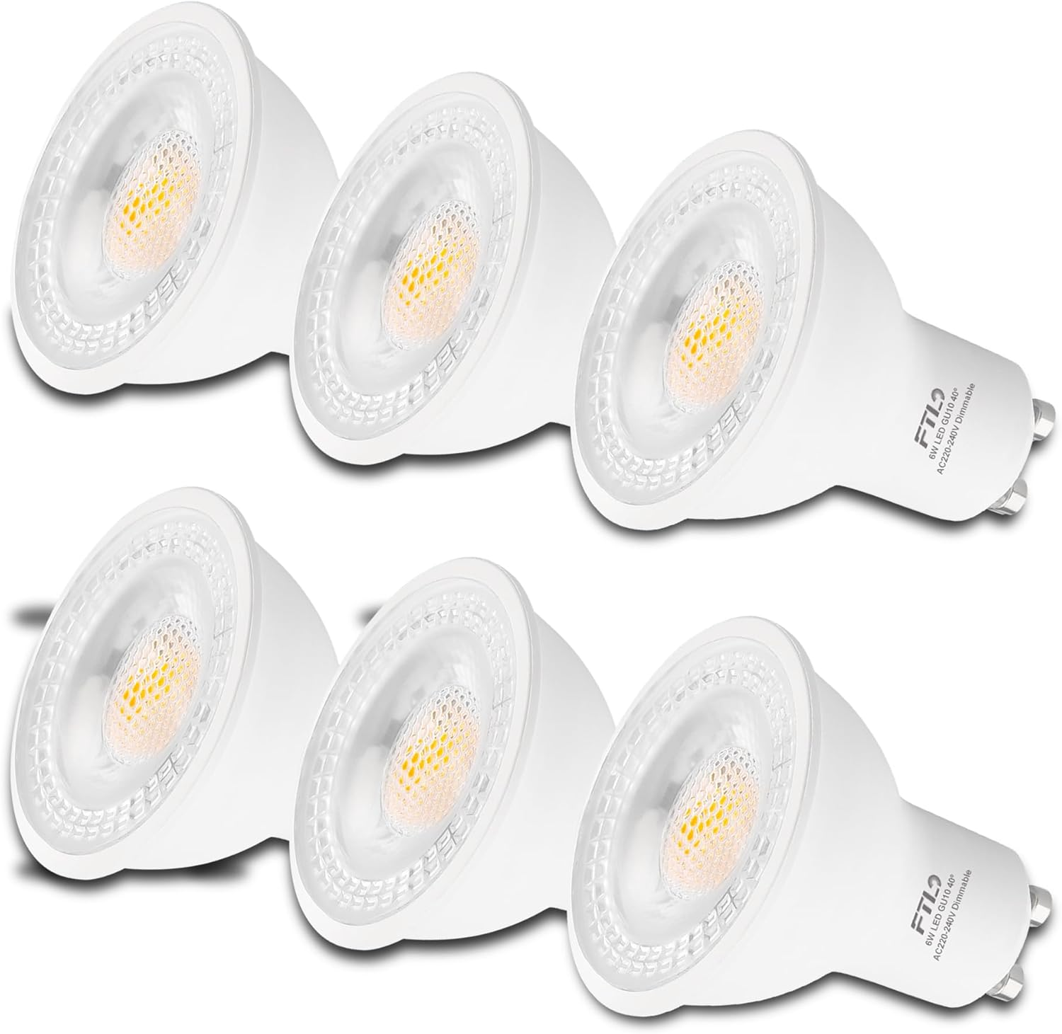 FTL GU10 LED Bulbs 3000K Warm White Dimmable, 60W Halogen Replacement 6W 600LM, 40 Degree Spot Track Light Bulbs, Recessed Ceiling Light Bulb, 6-Pack