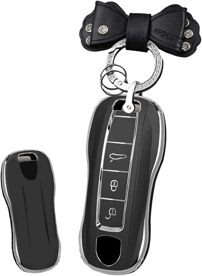 HIBEYO Key Fob Cover Compatible with Porsche Cayenne Macan Panamera Boxster 911 Carrera Tayca ABS Key Holder Accessories Smart Remote Auto Key with Keychains-Leather Key Chain(Black)