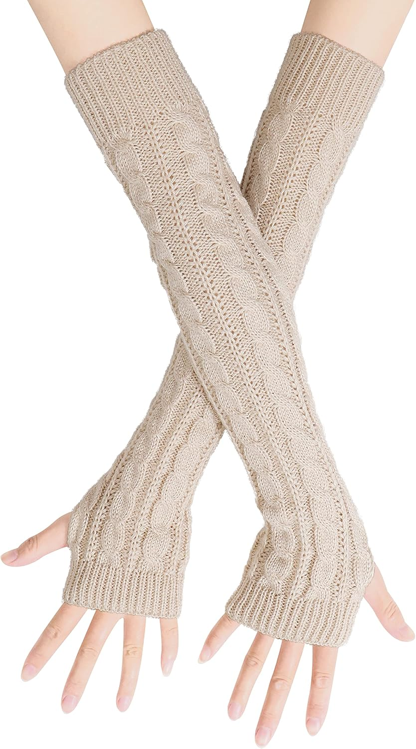 Womens Winter Warm over Elbow Long Fingerless Thumb Hole Gloves Mittens Knitted Arm Warmer