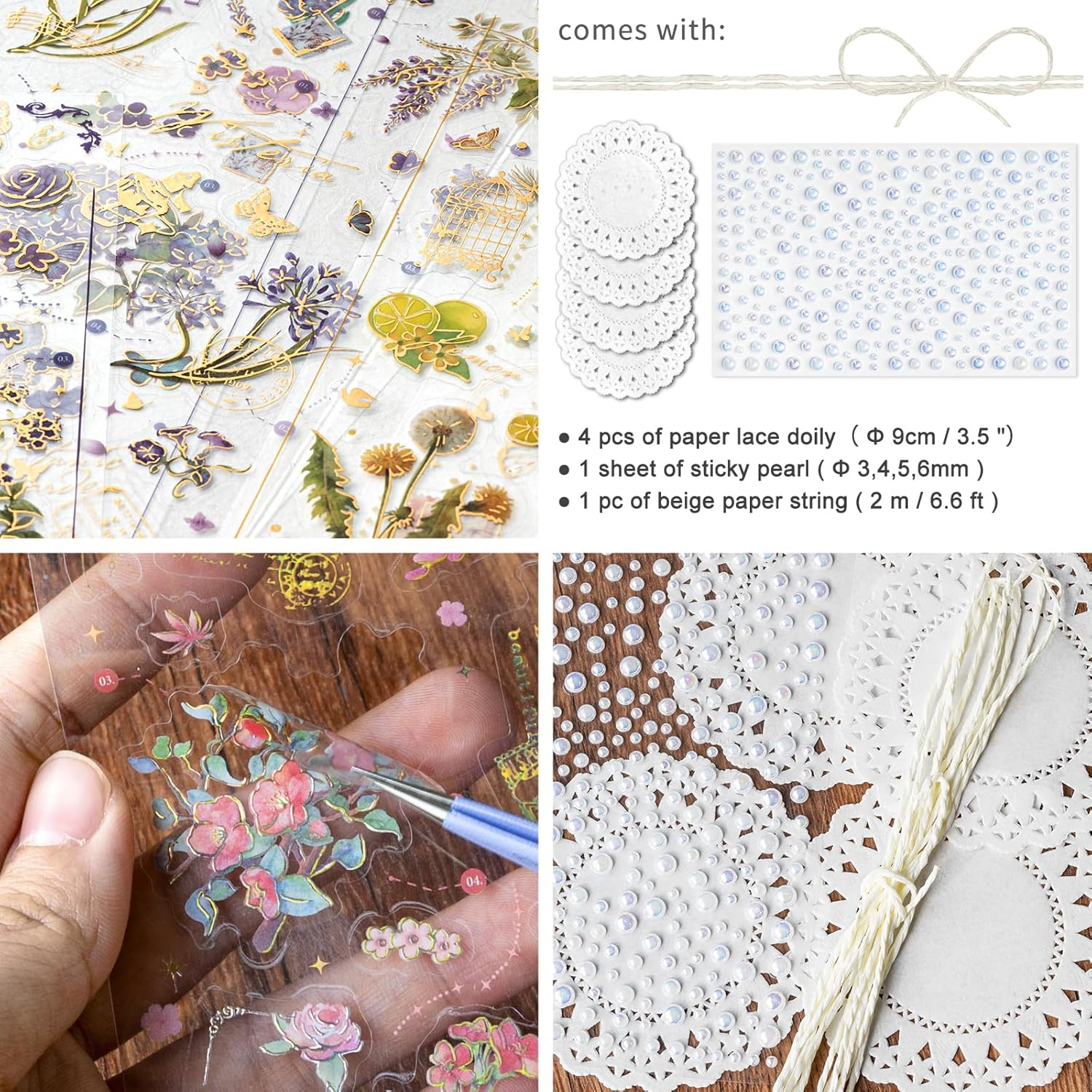 Mayplous 4 Packs Modern Floral Stickers with Silver Foil Embossing for Scrapbooking, Journals, Planners, Card Making & Collage (Villa) image number 4