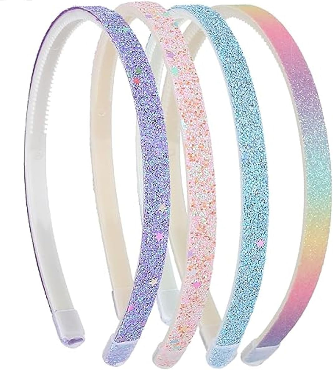 Visxcnu Pack of 4 Glitter Hair Bands Colourful Hair Accessories Plastic Glitter Cute Non-Slip Thick Glitter Confetti Rainbow Hair Bands with Teeth for Little Girls