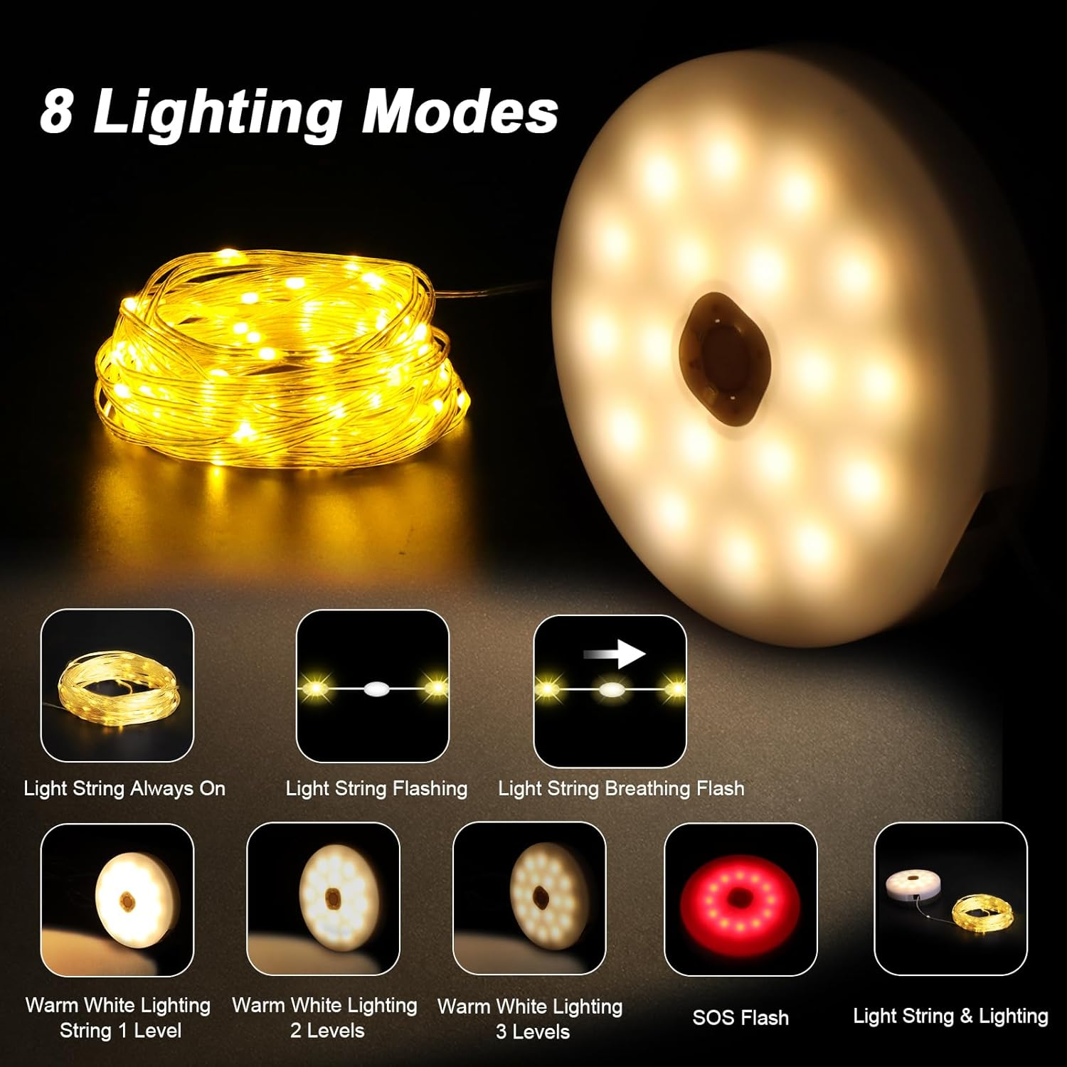 Solar Camping String Light, 12.8M 128 LED Solar Portable Waterproof Camping Lights with Remote, USB Type-C Rechargeable Portable Camping Lights with 8 Lighting Modes for Garden Party Decorations image number 5