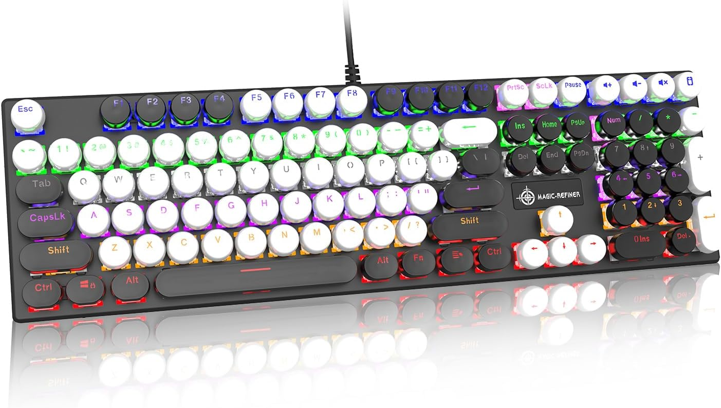 Gaming Keyboard and Mouse,Retro Steampunk Vintage Typewriter-Style Mechanical Keyboard with White LED Backlit,104-Key Anti-Ghosting Blue Switch Wired USB Metal Panel round Keycaps(Pink)