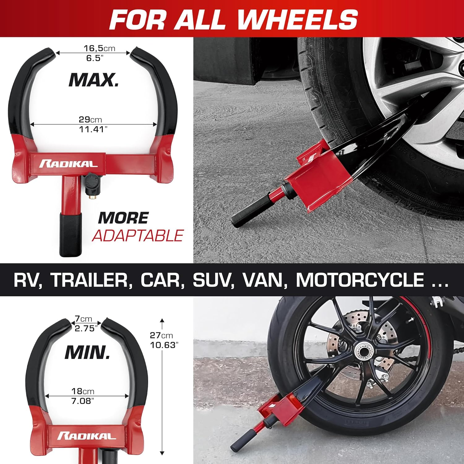 RADIKAL RK1001 Heavy Duty Wheel Clamp Lock, Adjustable 7,4-11,4In, High Security Lock, Anti-Scratch, Universal Wheel Car Boot anti Theft Lock Device for Vehicle Truck, Van, Golf Cart, Motorhome Camper image number 5