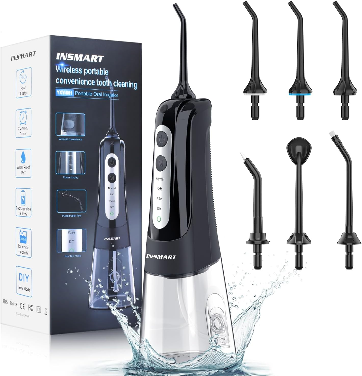 INSMART Water Flosser Cordless Dental Pick for Teeth Clean, Professional Oral Irrigator DIY 4 Modes IPX7 Waterproof 300ML Tank USB Rechargeable, Irrigate Jet for Plaque Removal Oral Gums Care