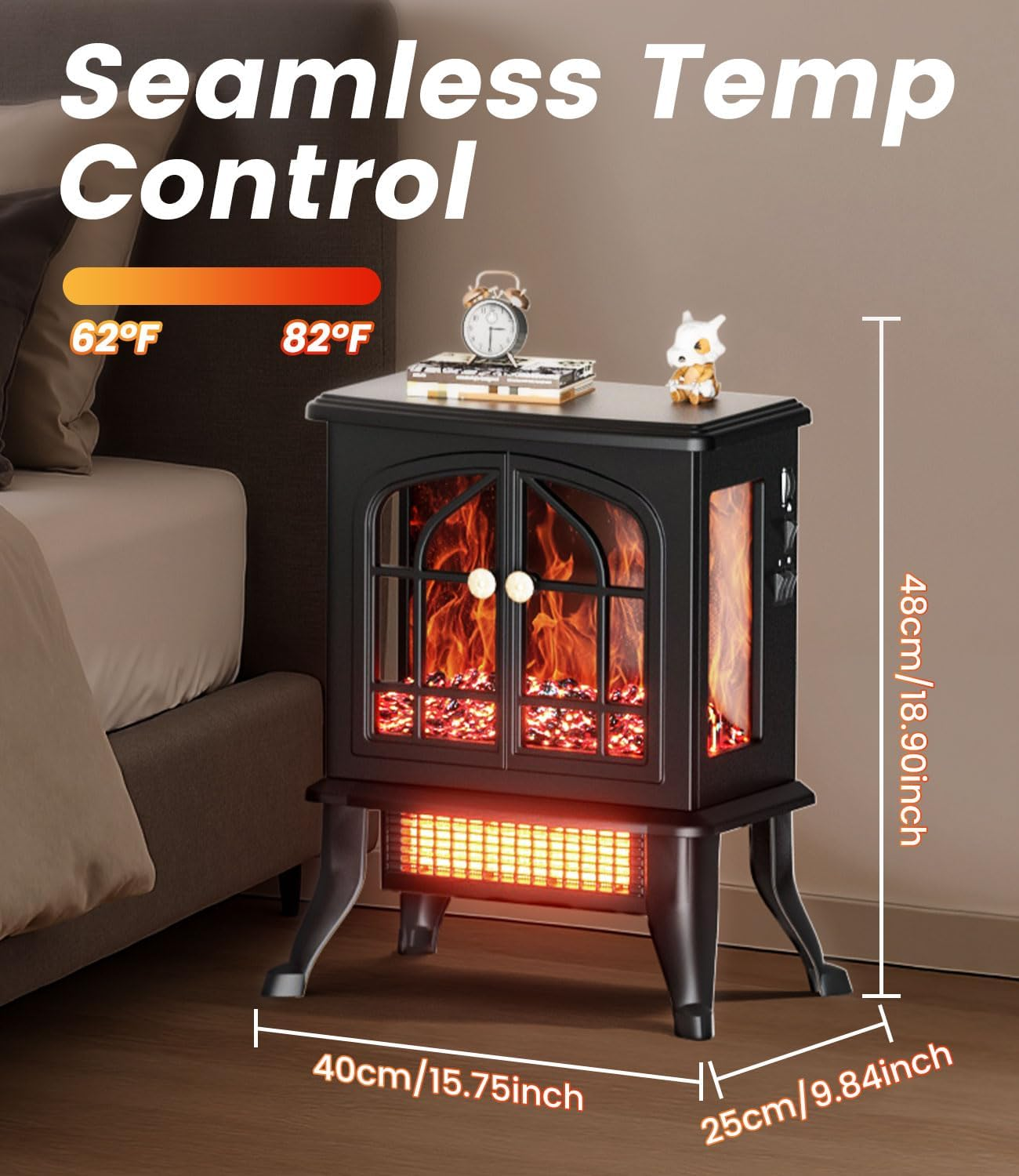 BLUEQUE Fan Heater for Bedroom - 2000W Electric Space Heater, Stove Fireplace Heating with Realistic LED 3D Flames, Fake Freestanding Fireplace for Living Rooms, Office, Indoor Home Use image number 3