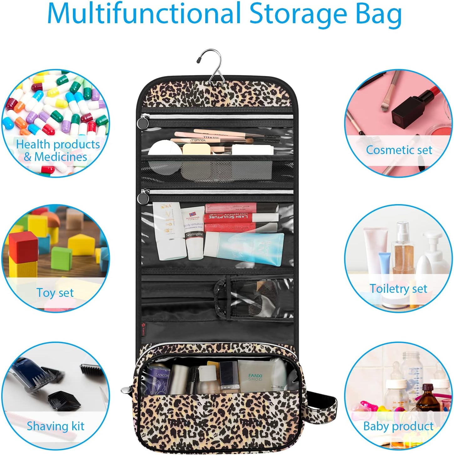 Fintie Portable Toiletry Cosmetic Travel Bag, Large Water Resistant Hanging Makeup Organizer Storage Pouch Case for Women Girls, Leopard, Toiletry Bag - Leopard image number 5