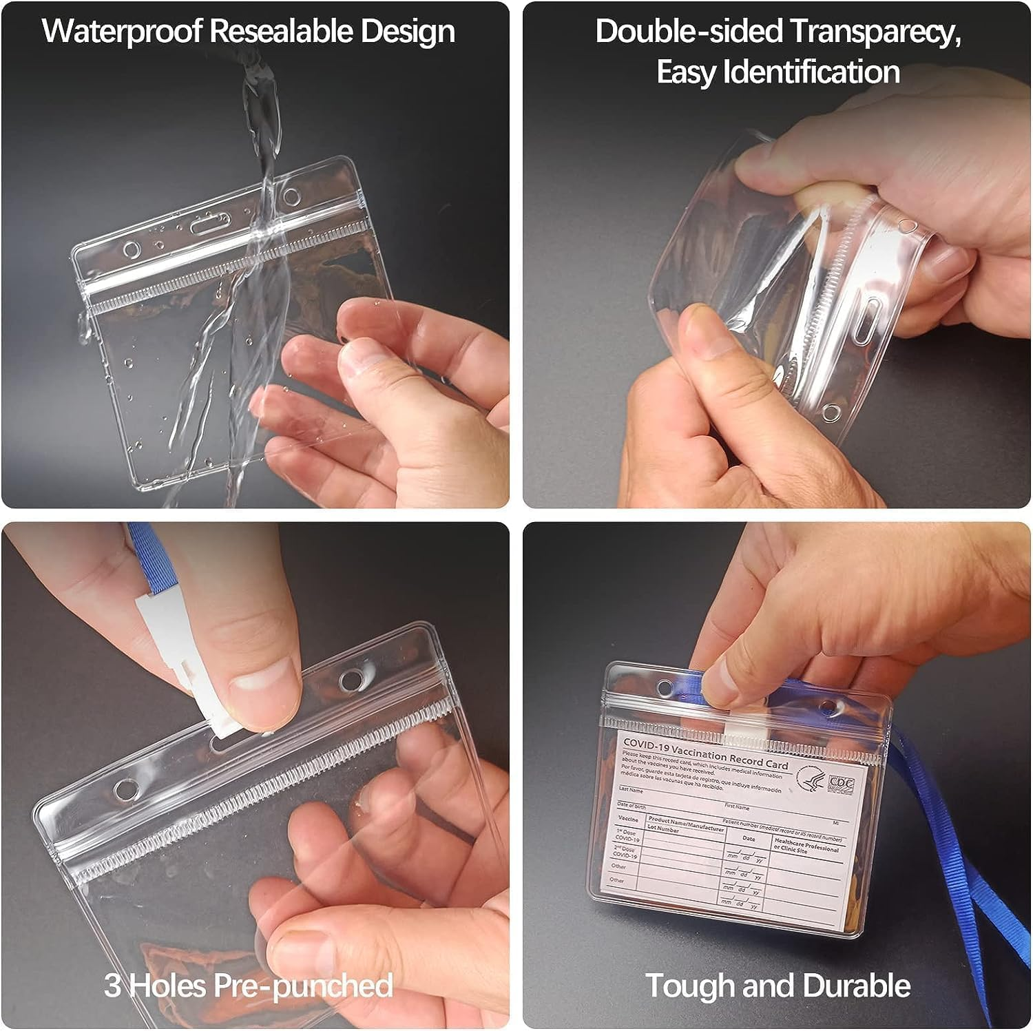 ID Card Holder, 50 PCS Horizontal Clear Plastic Badge Holder with Waterproof Resealable Zip, Name Tag Holder for Multiple Cards