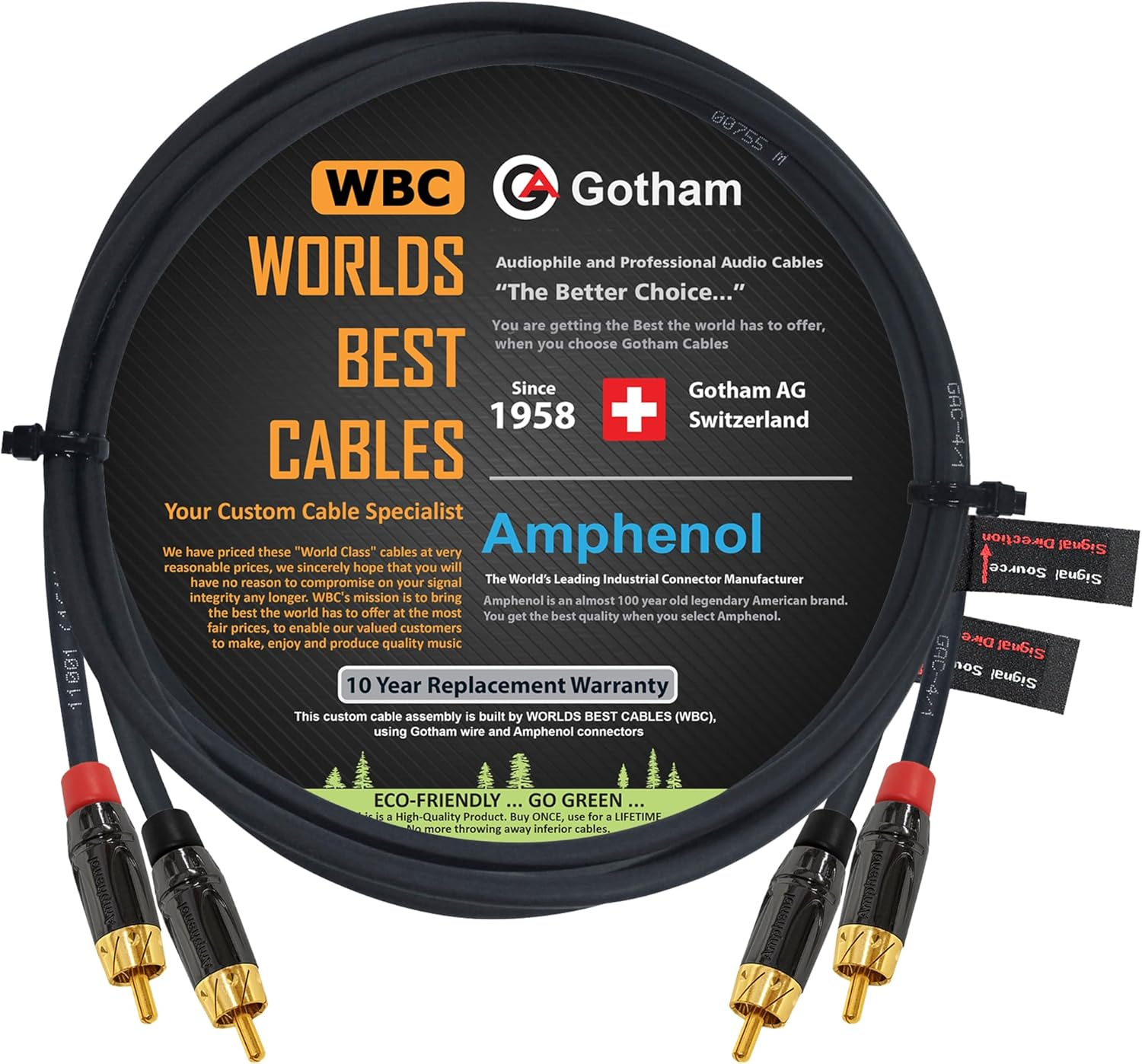 3.5 Foot RCA Cable Pair - Gotham GAC-4/1 (Black) Star-Quad Audio Interconnect Cable with Amphenol ACPL Black Chrome Body, Gold Plated RCA Connectors - Directional image number 4