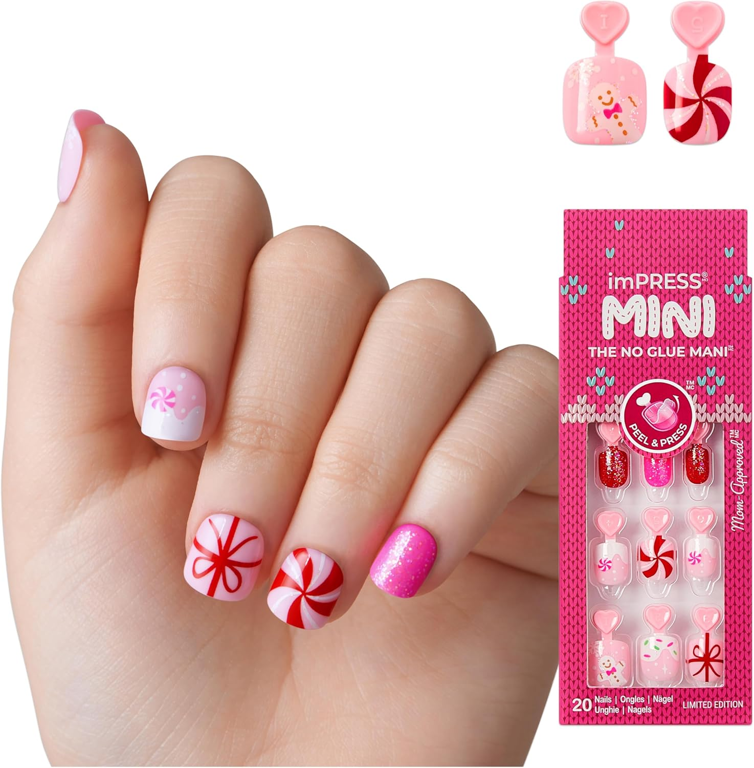 KISS Impress Mini Holiday Press on Nails for Kids, &lsquo;Snow Angel&rsquo;, Red, Child Size, Squoval Shaped, Mess-Free, Mom Approved, Non-Toxic, Breakaway Application Tabs, Nail File, 20 Fake Nails
