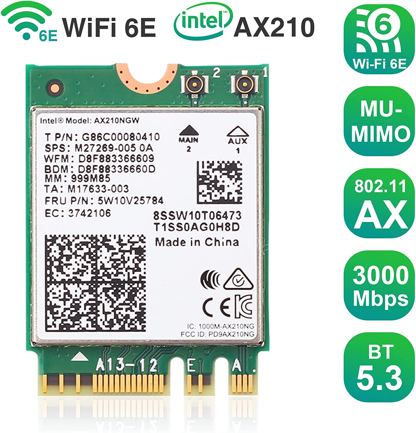 AX210NGW Wifi Card, Wi-Fi 6E 11AX Wireless Module Expand to 6Ghz MU-MIMO Tri-Band Internal Network Adapter with BT 5.2 for Laptop, Support Windows 10 64Bit, M.2/NGFF image number 1